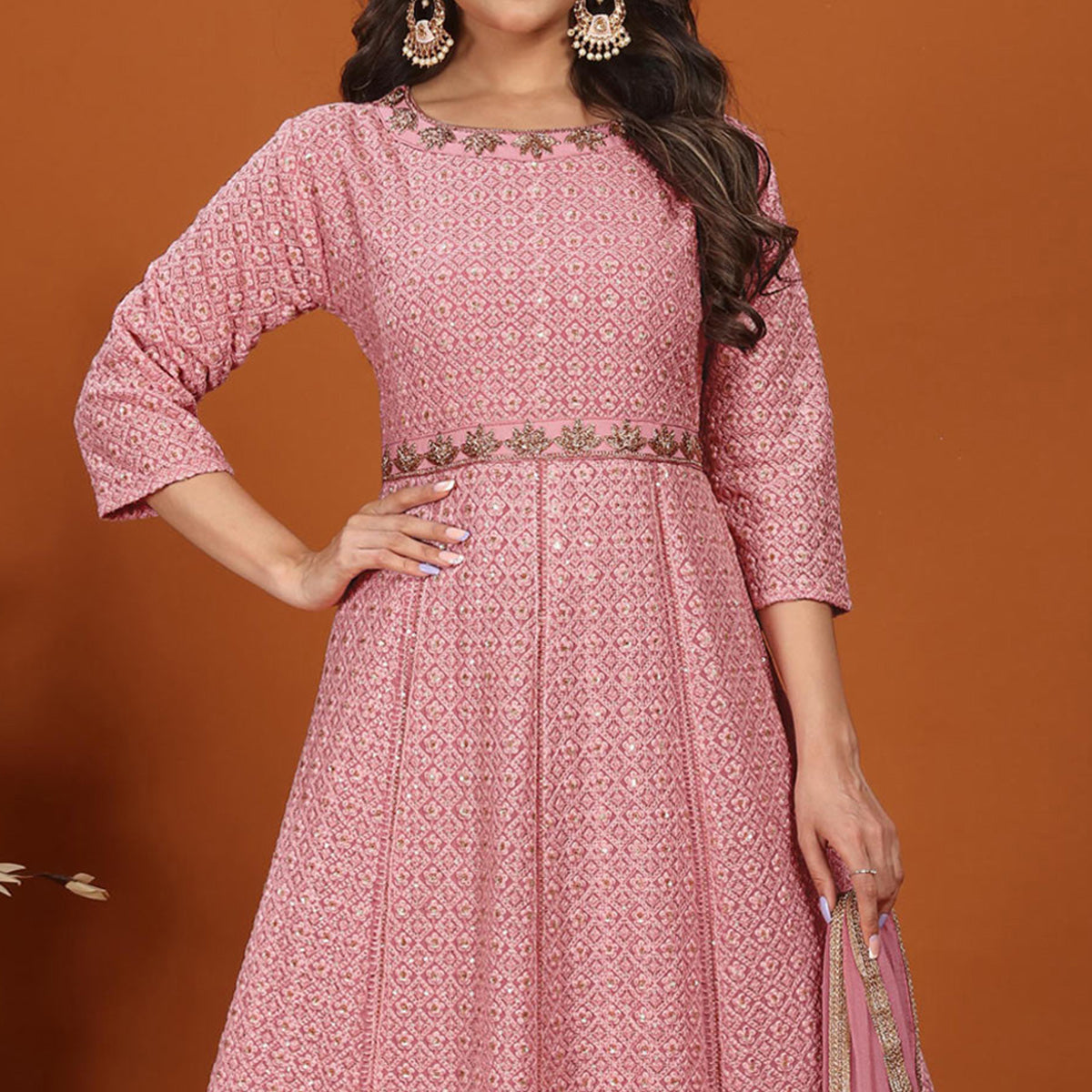 Pink Floral Sequins Embroidered Georgette Gown