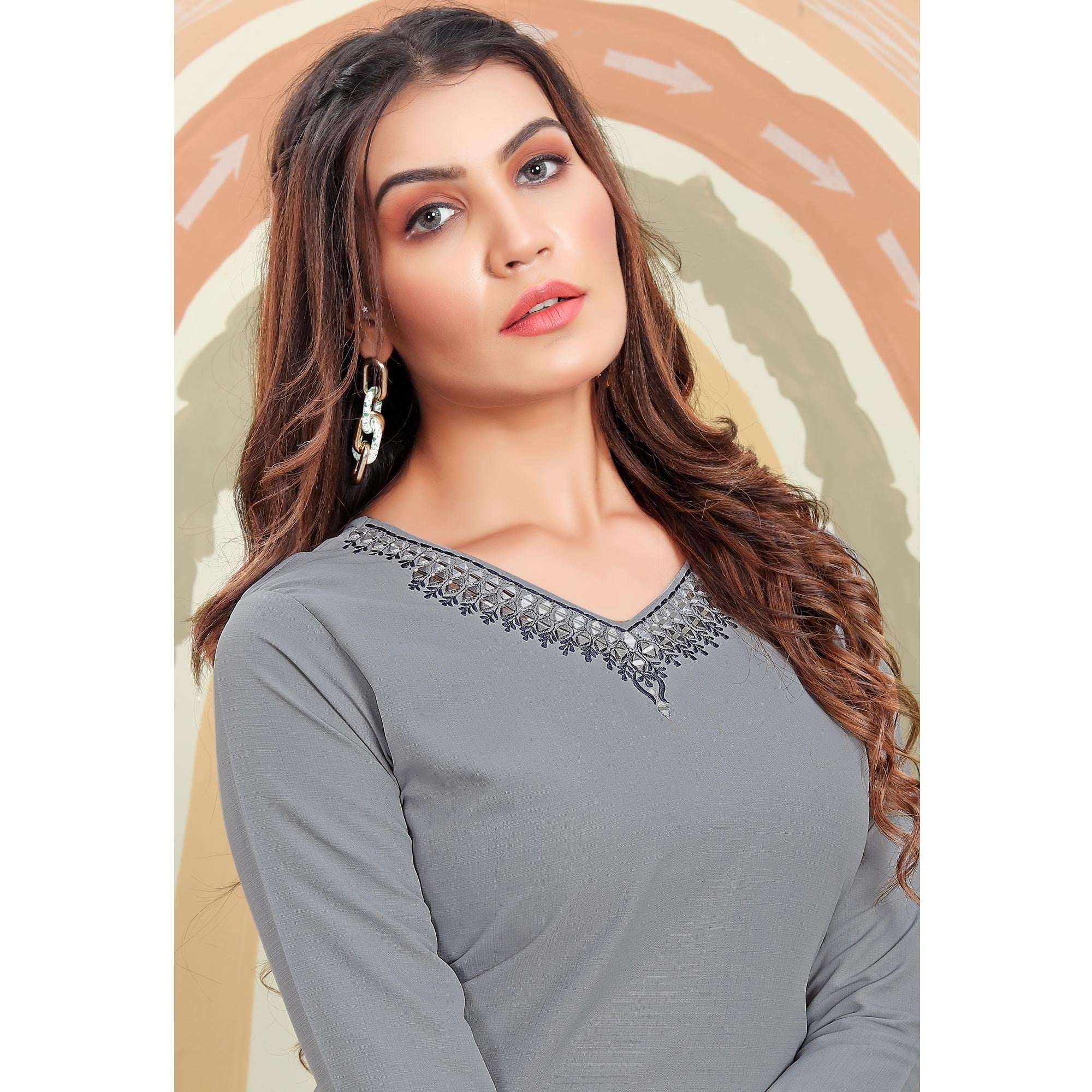 Grey Mirror Embroidered Cotton Blend Kurti