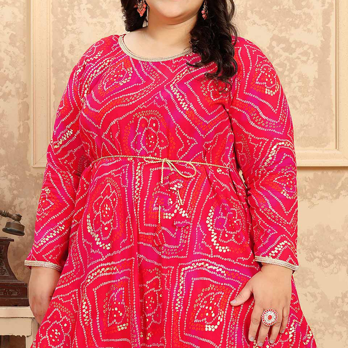 Pink Bandhani Printed Rayon Long Kurti