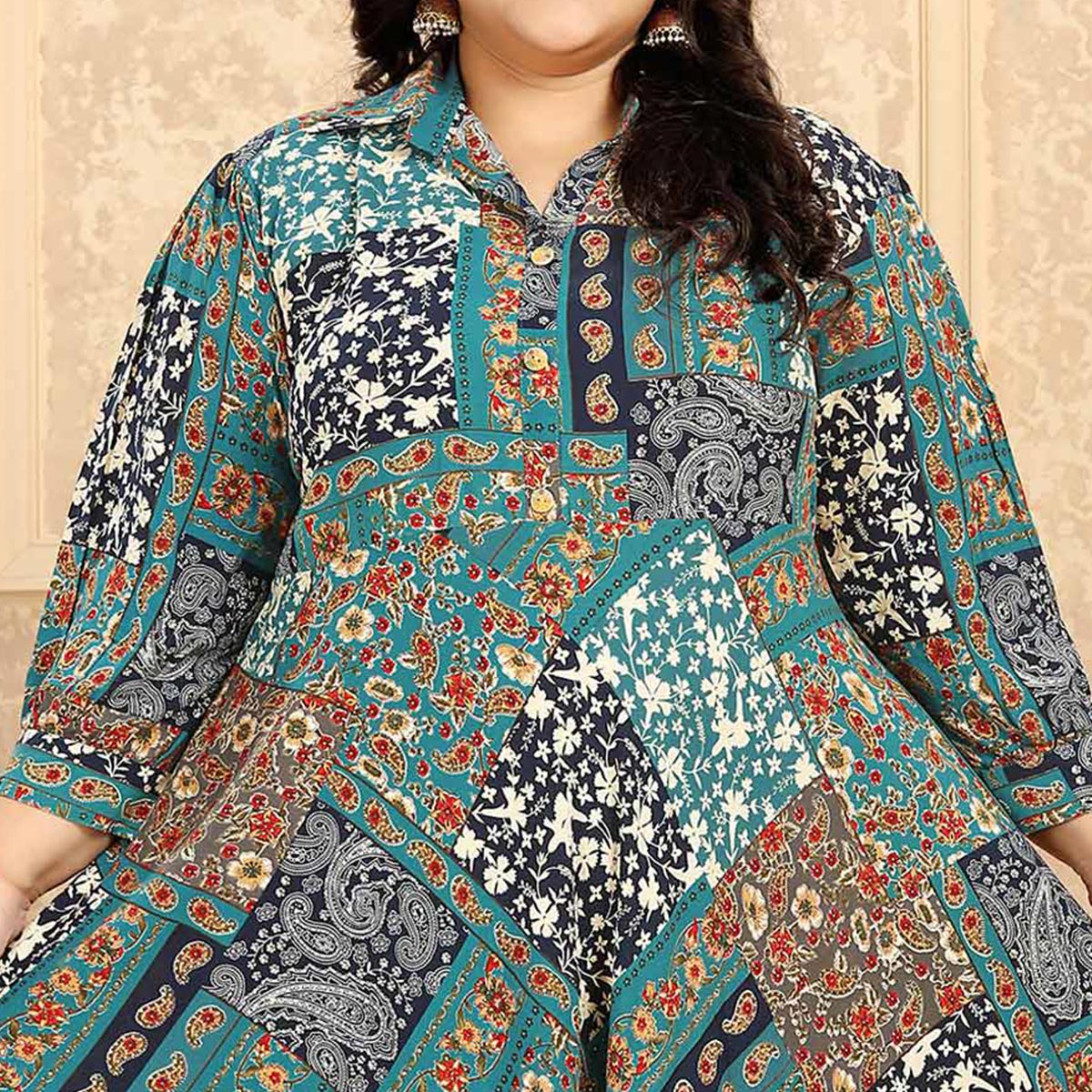 Rama Blue Floral Printed Rayon Long Kurti