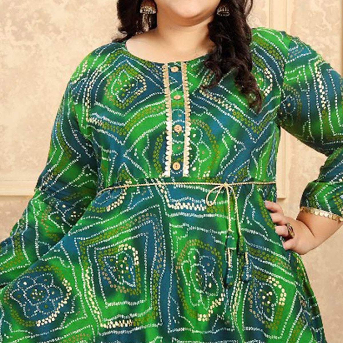 Green Bandhani Printed Rayon Long Kurti