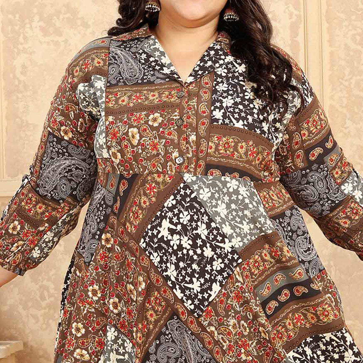 Brown Floral Printed Rayon Long Kurti