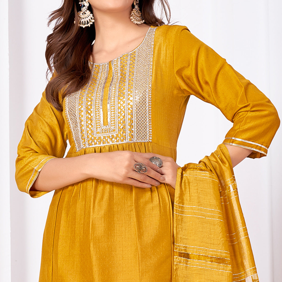 Mustard Embroidered Art Silk Salwar Suit