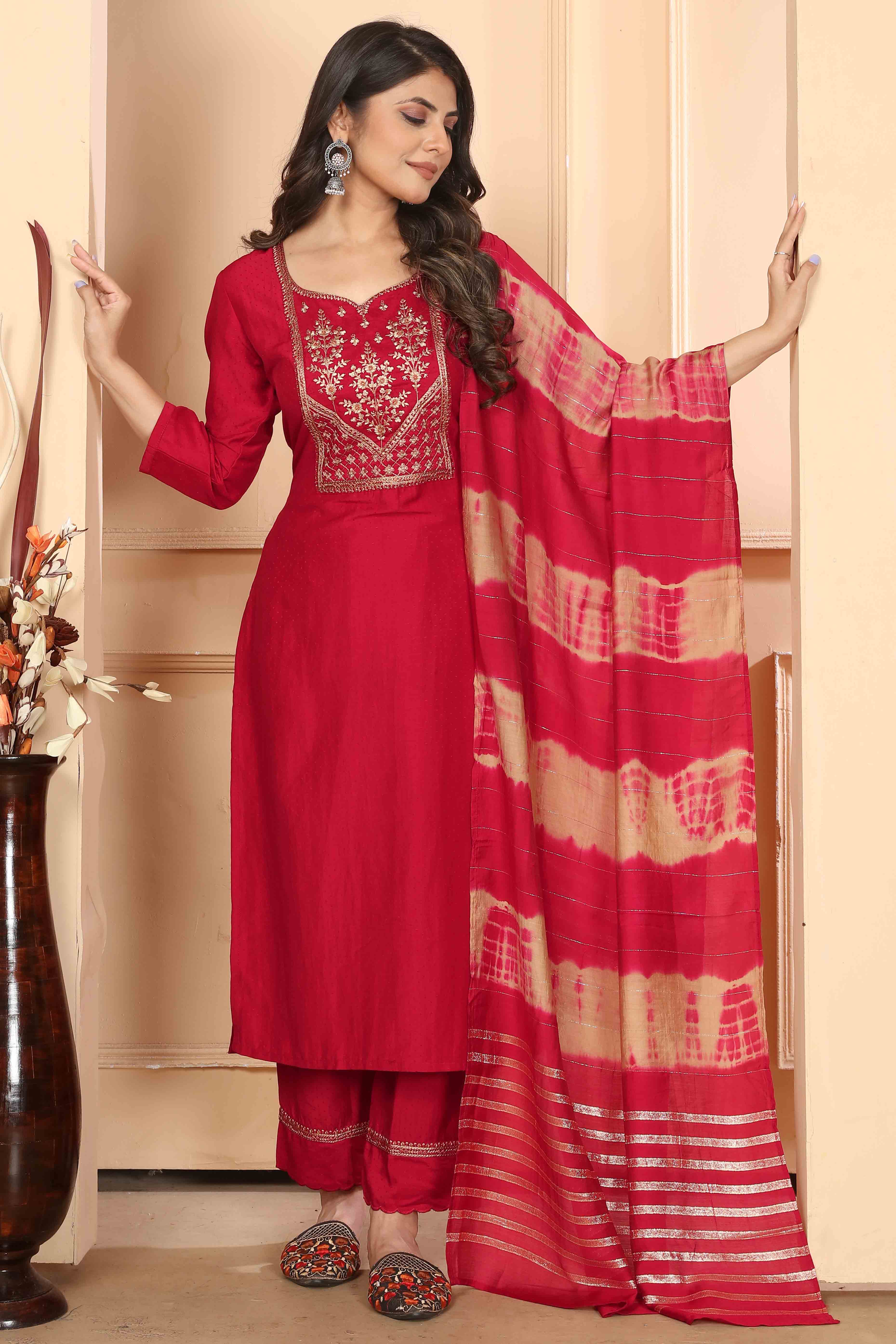 Red Yoke Embroidered Viscose Straight Salwar Suit