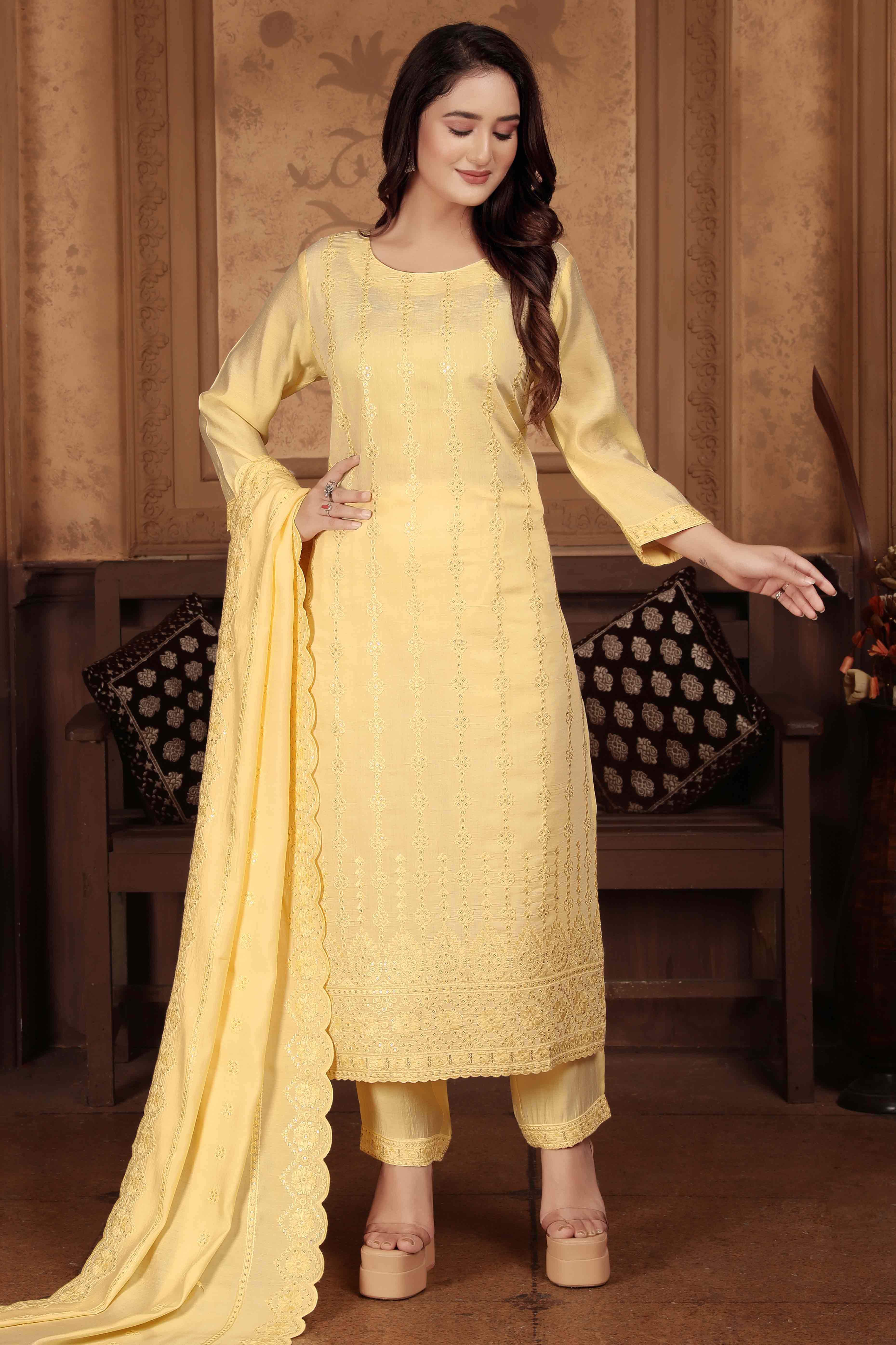 Yellow Sequins Embroidered Chanderi Straight Salwar Suit