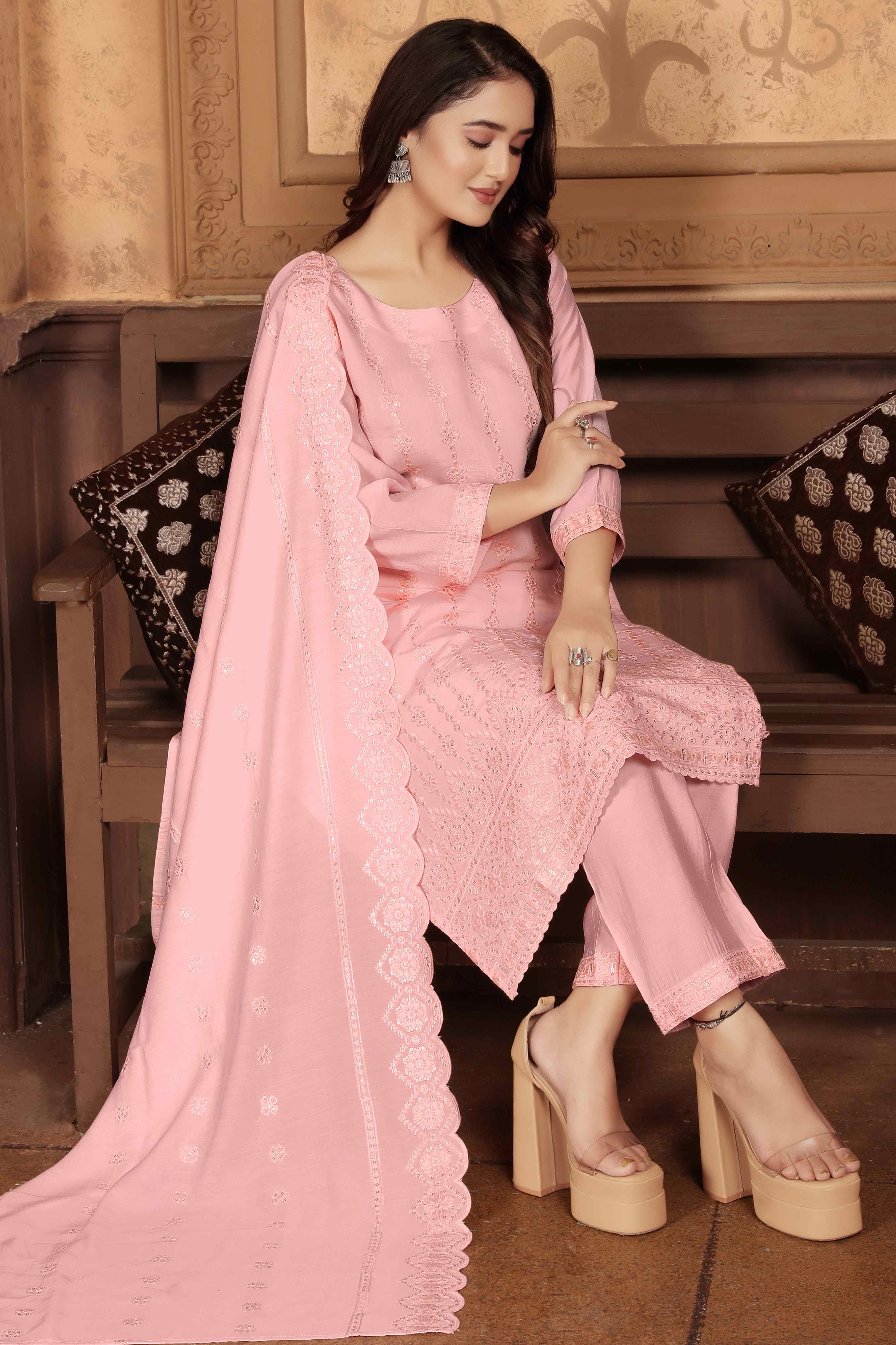 Pink Sequins Embroidered Chanderi Straight Salwar Suit