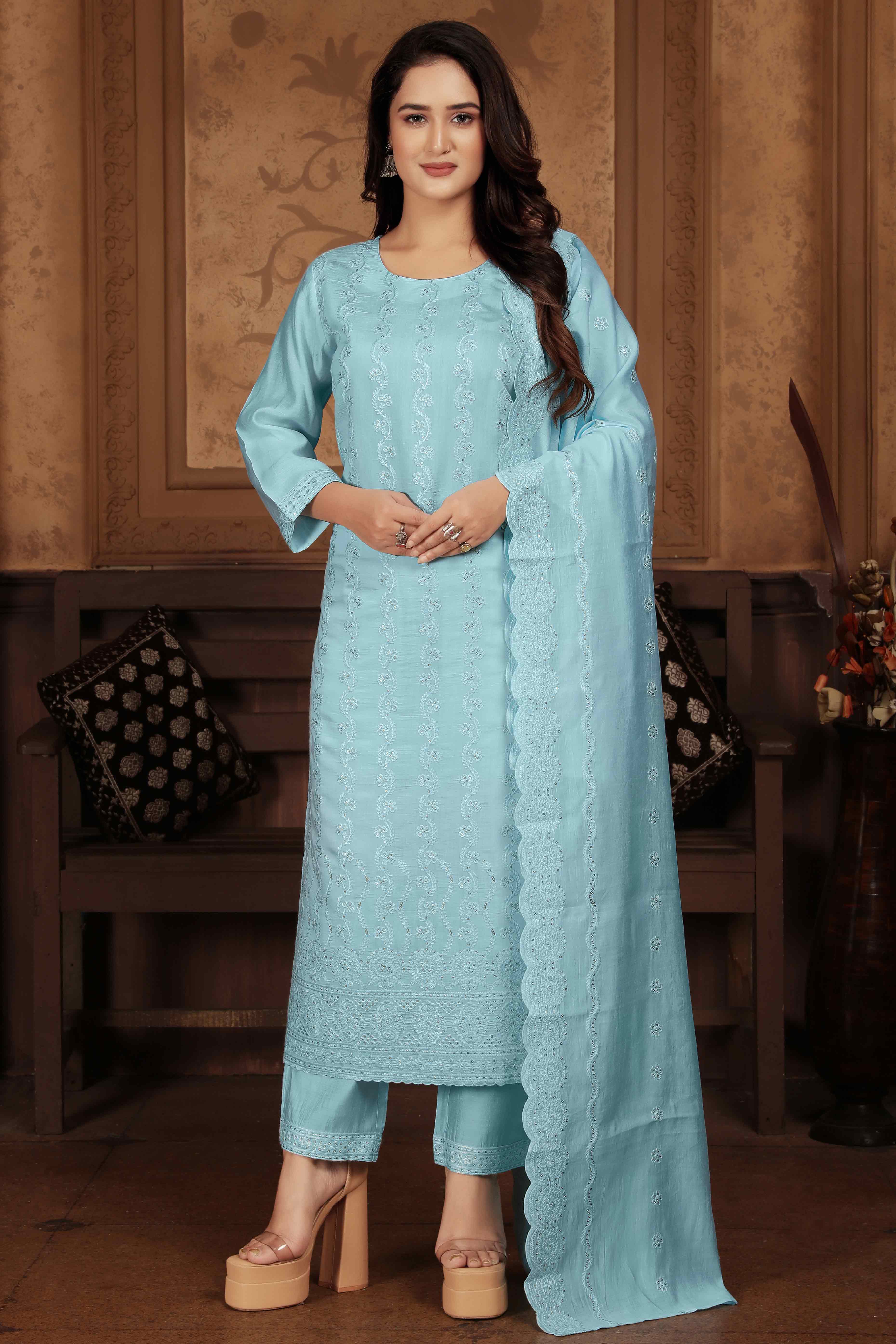 Blue Sequins Embroidered Chanderi Straight Salwar Suit