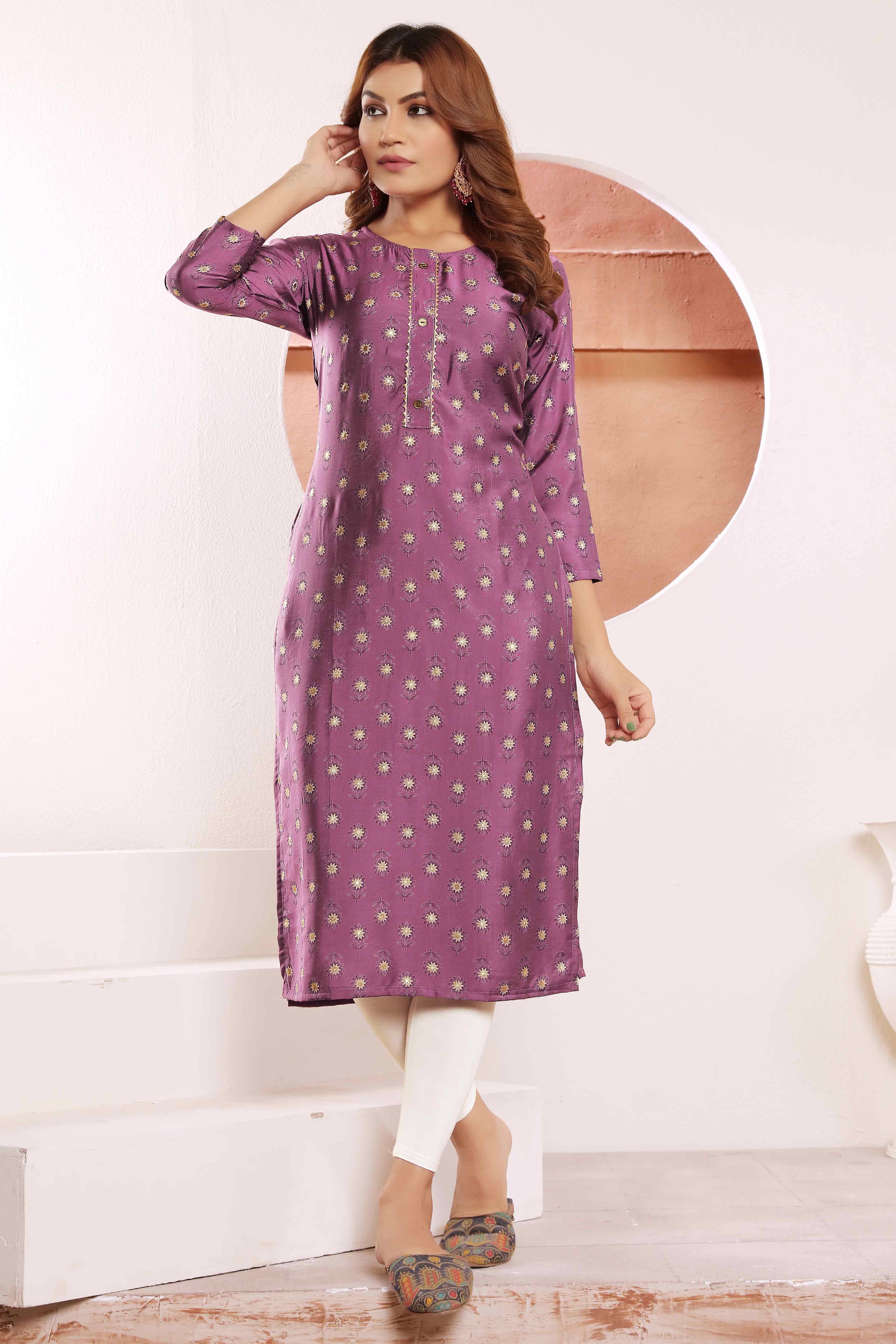 Mauve Floral Foil Printed Muslin Viscose Kurti