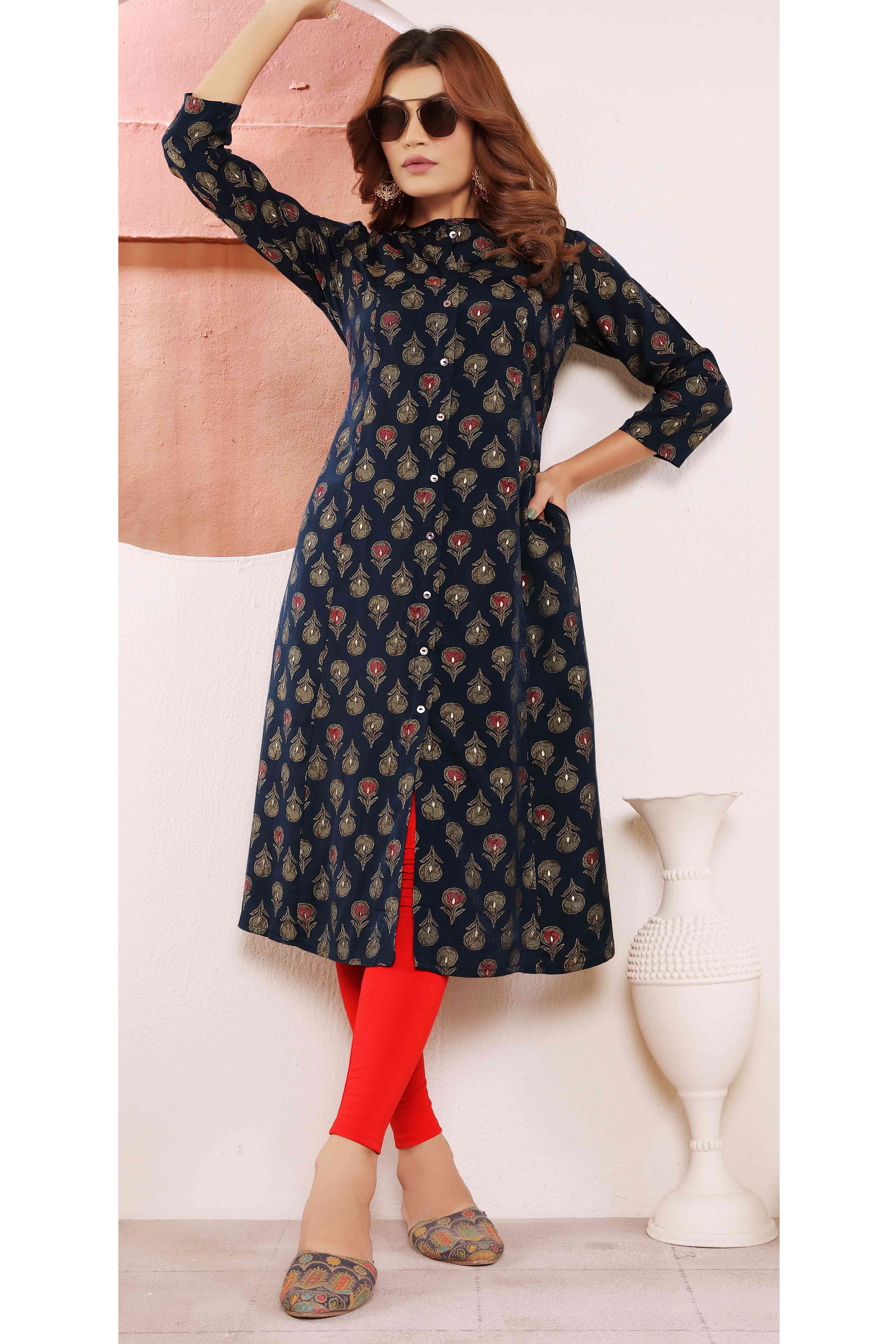 Navy Blue Floral Foil Printed Muslin Viscose Kurti