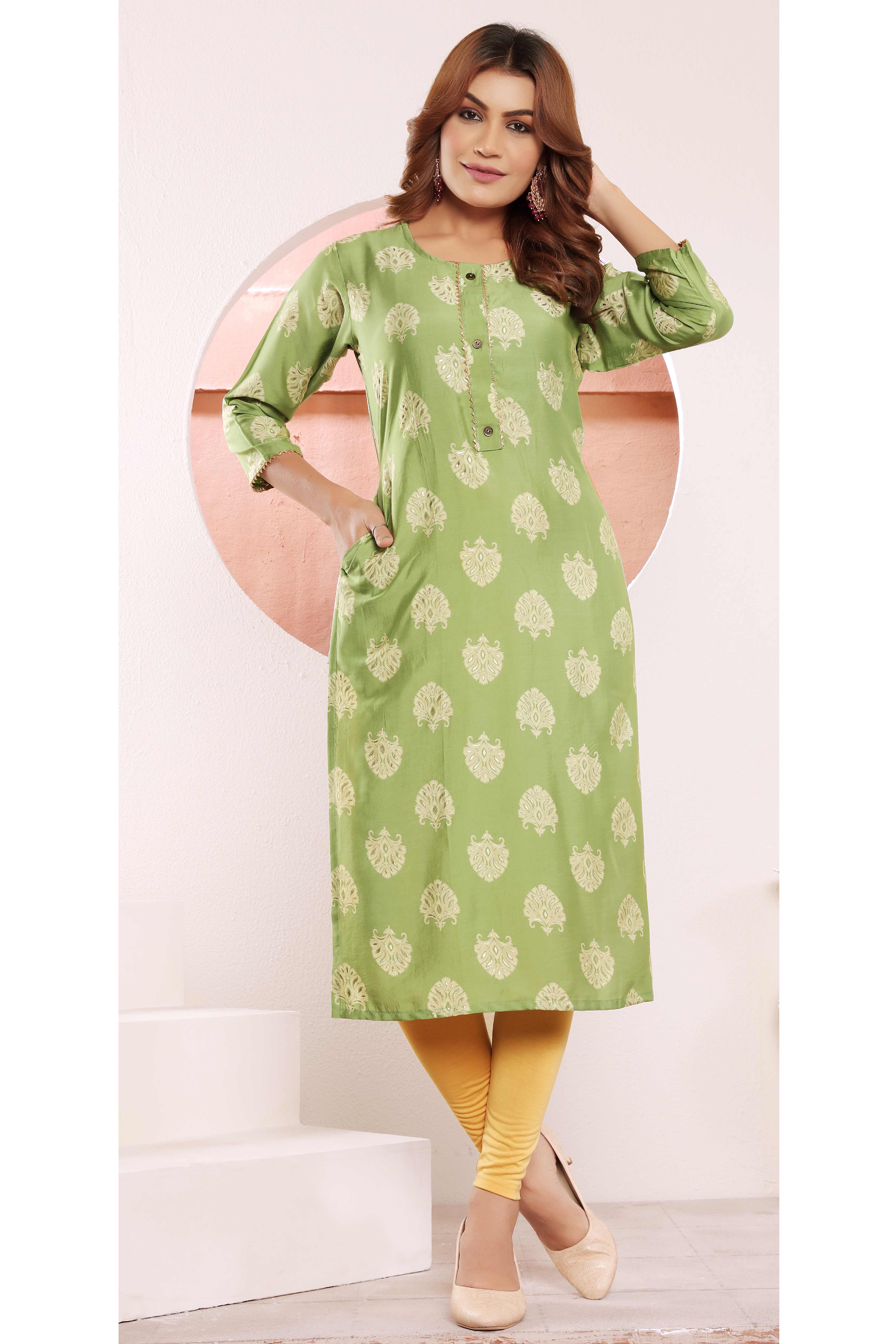 Green Floral Foil Printed Muslin Viscose Kurti