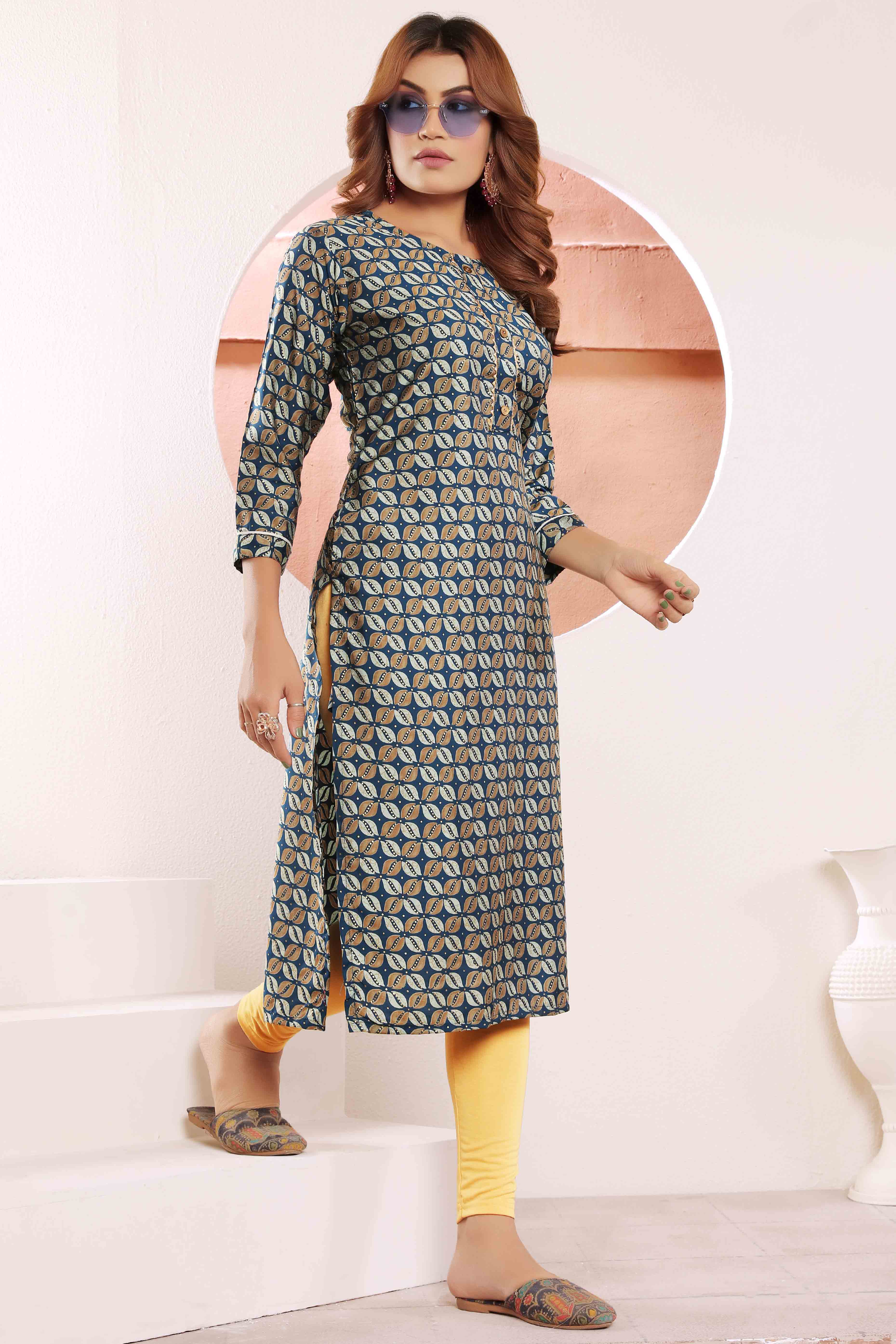 Blue Foil Printed Muslin Viscose Kurti