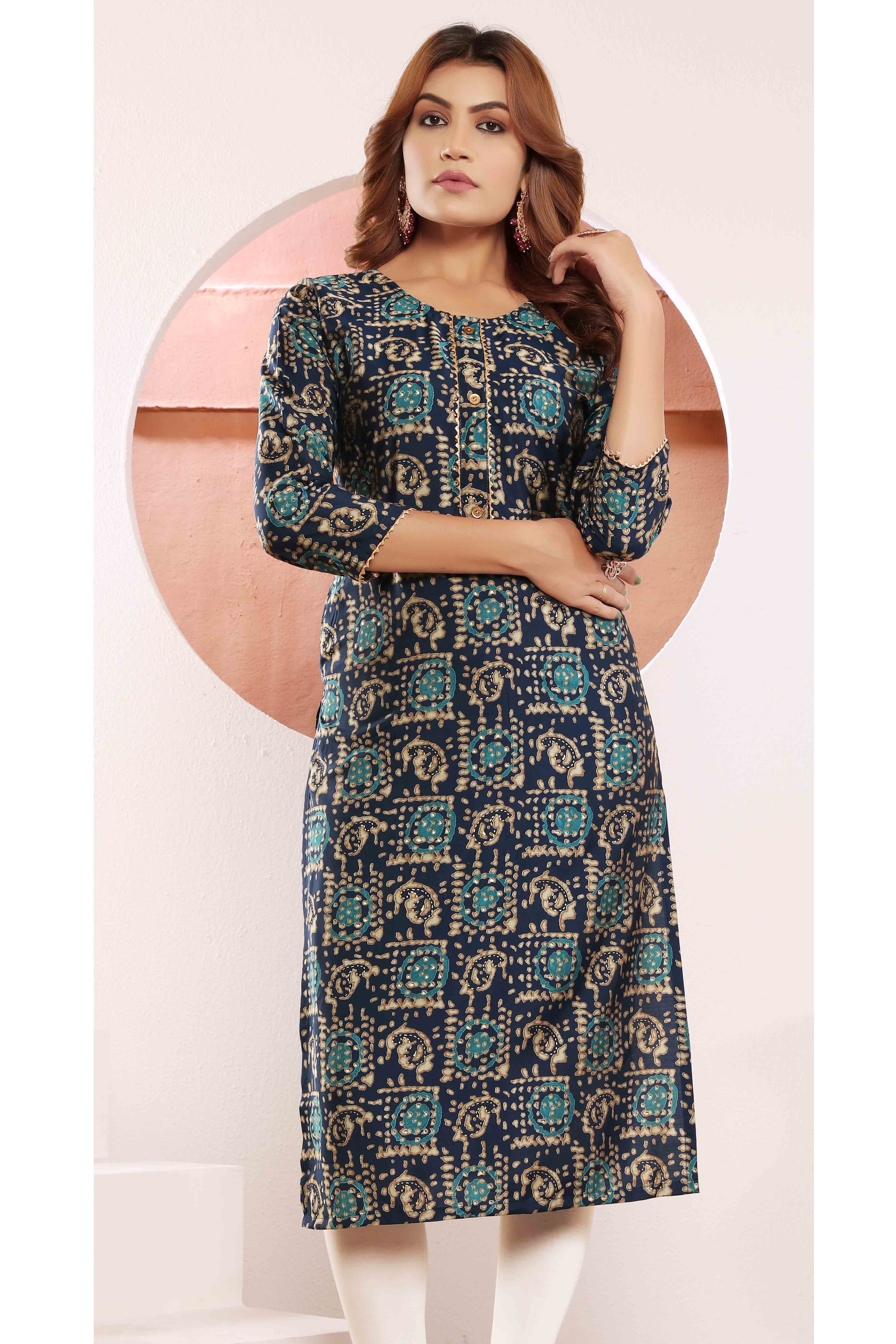 Navy Blue Foil Printed Muslin Viscose Kurti