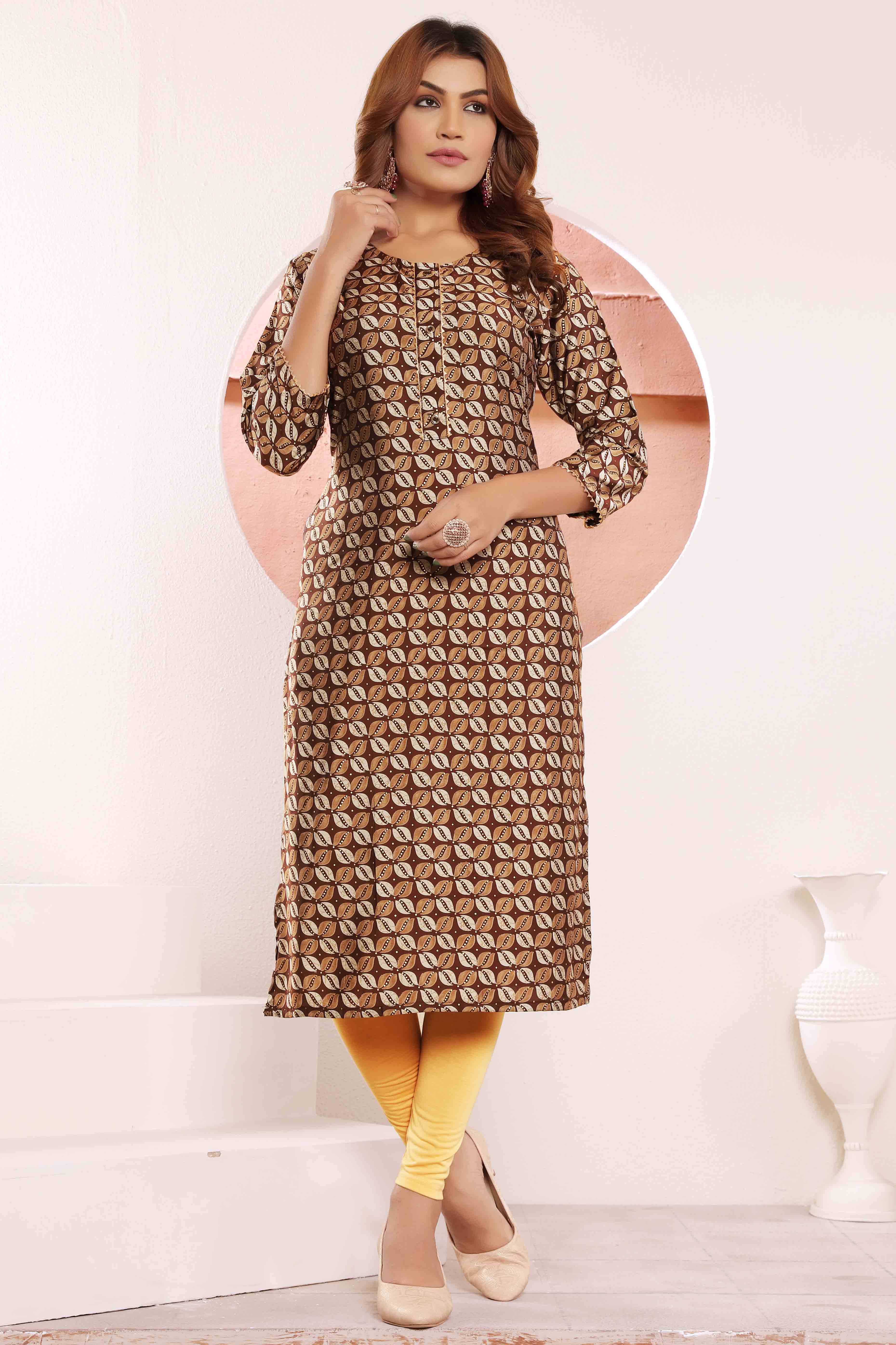 Brown Foil Printed Muslin Viscose Kurti