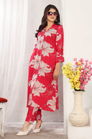 Pink Floral Rayon Print Two-Piece A-Line Set with Functional Pockets