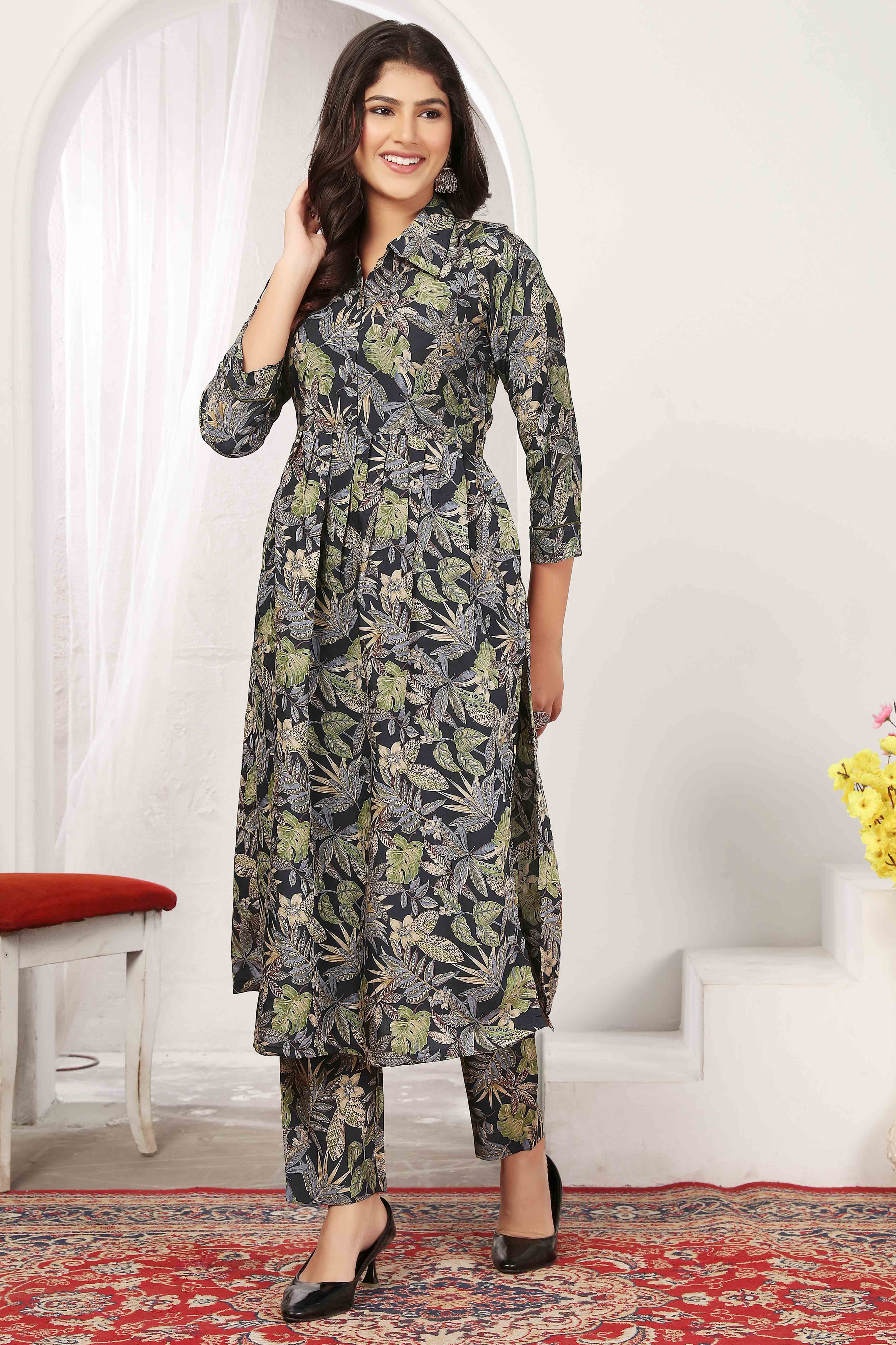 Black Rayon A-Line Co-Ord Set with Delicate Prints & Side Pockets