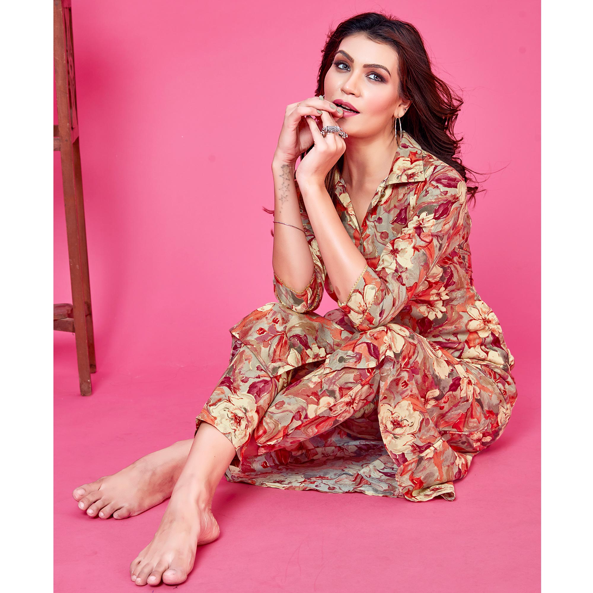 Grey Floral Foil Printed Rayon Co-Ord Set