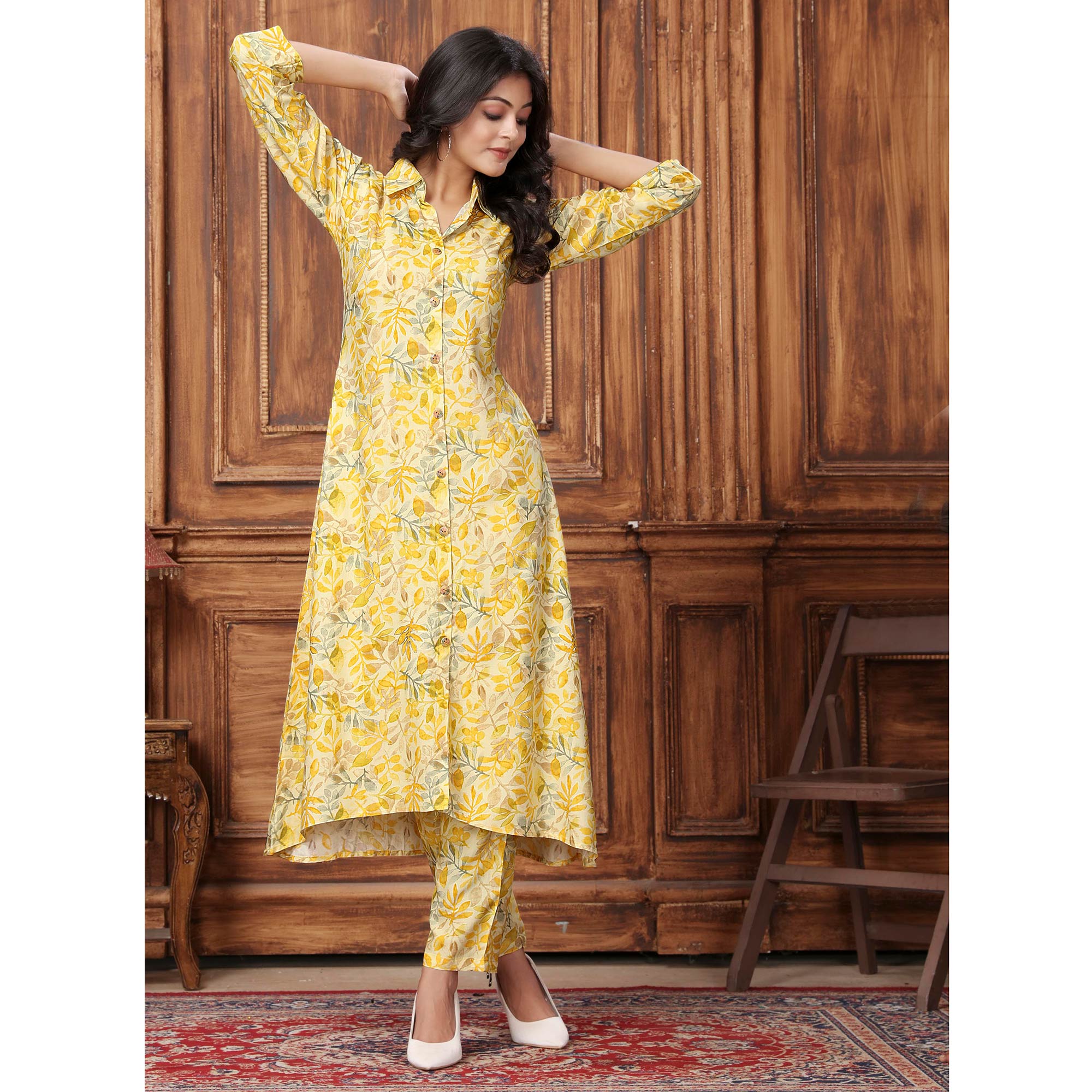 Yellow Floral Printed Rayon Co-Ord Set