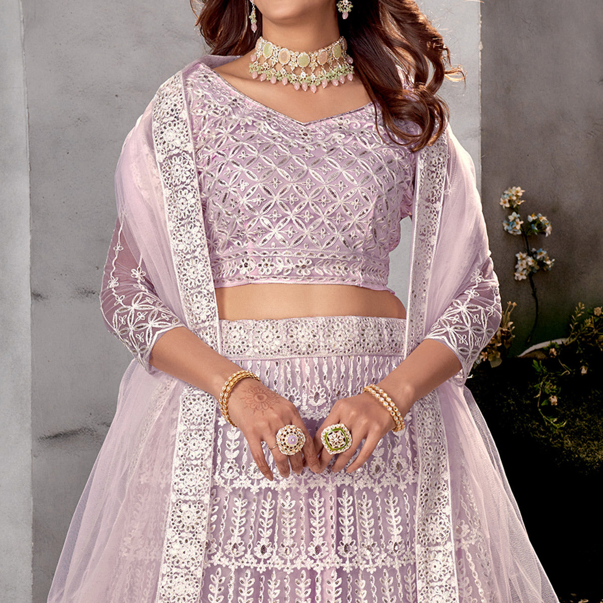 Light Purple Floral Sequins Embroidered Net Lehenga Choli