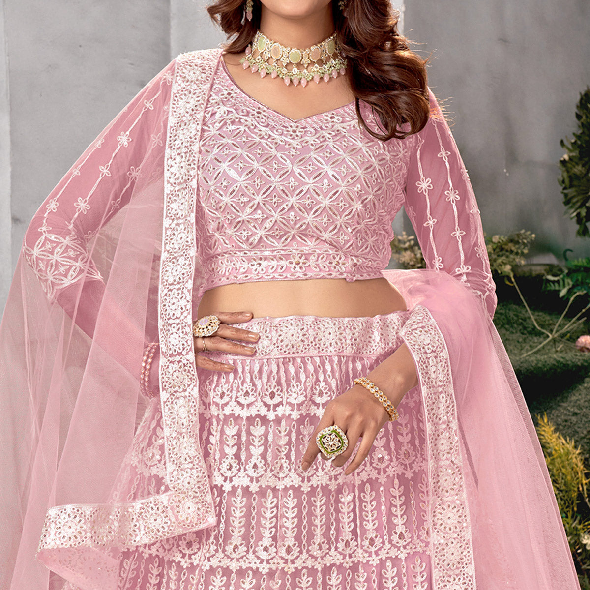 Pink Floral Sequins Embroidered Net Lehenga Choli