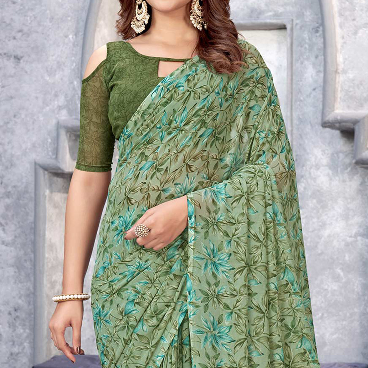 Green Floral Printed Georgette Saree
