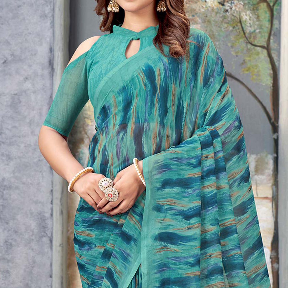 Sea Green Printed Georgette Saree