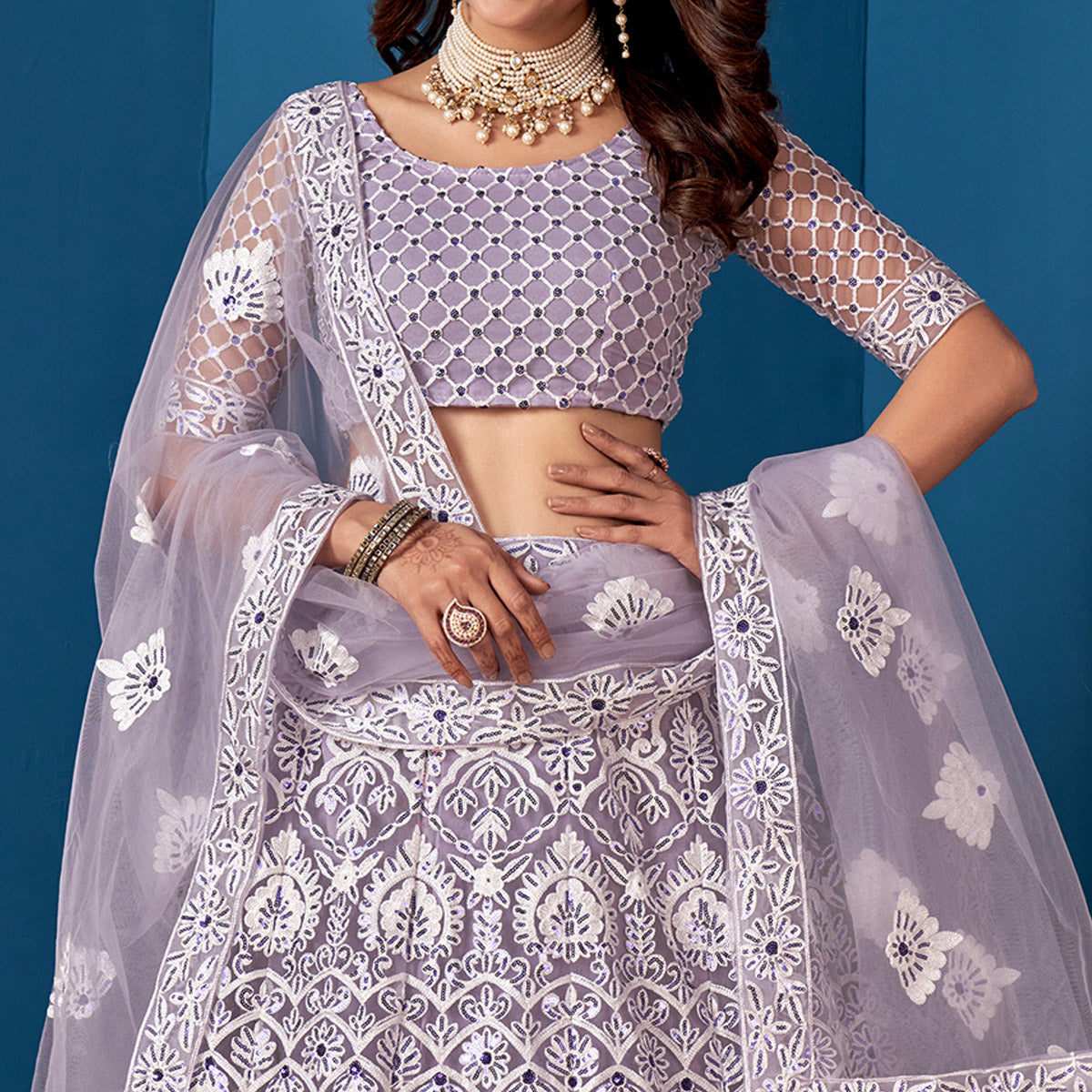 Purple Floral Sequins Embroidered Net Lehenga Choli