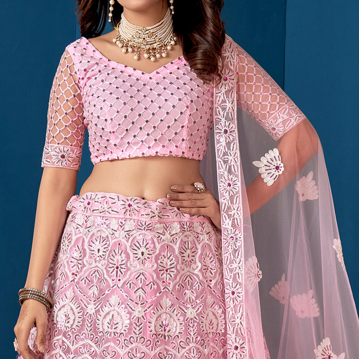 Pink Floral Sequins Embroidered Net Lehenga Choli