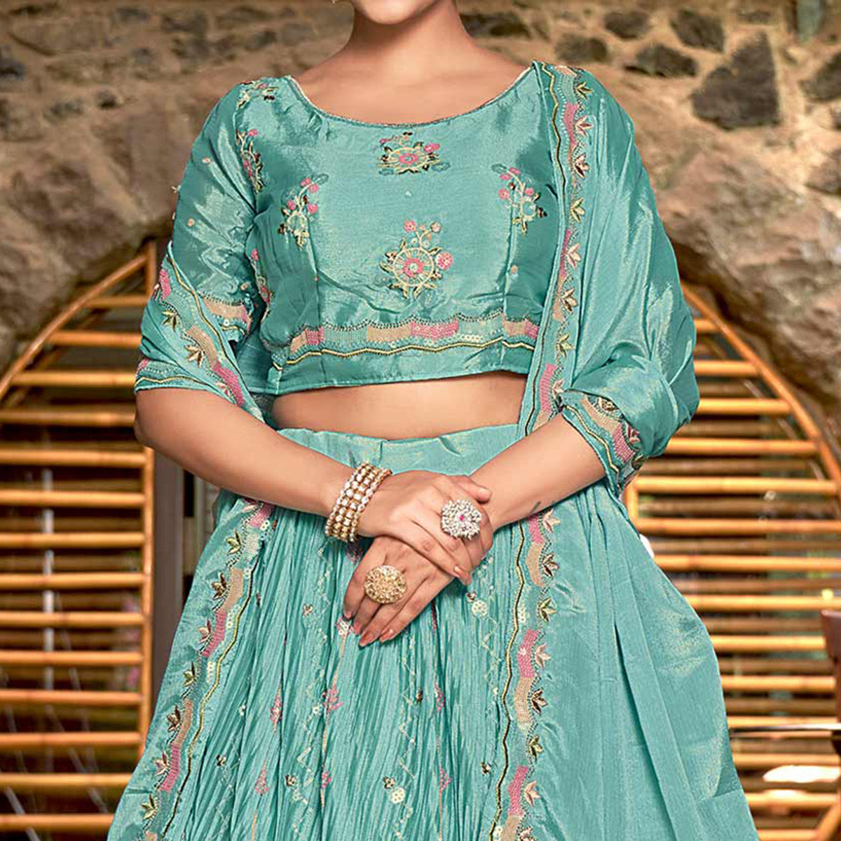 Blue Sequins Floral Embroidered Chiffon Lehenga Choli