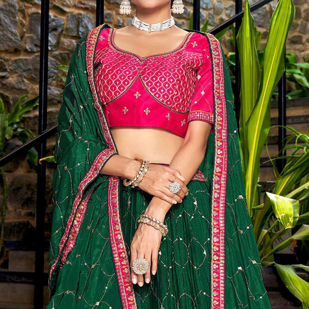 Green Sequins Embroidered Chiffon Lehenga Choli