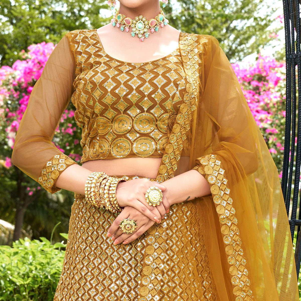Mustard Sequins Embroidered Net Lehenga Choli