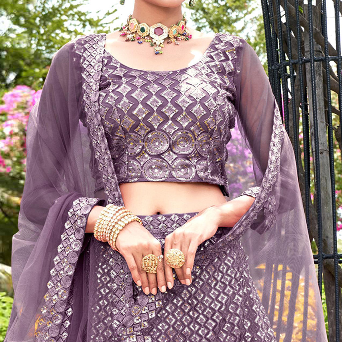 Violet Sequins Embroidered Net Lehenga Choli