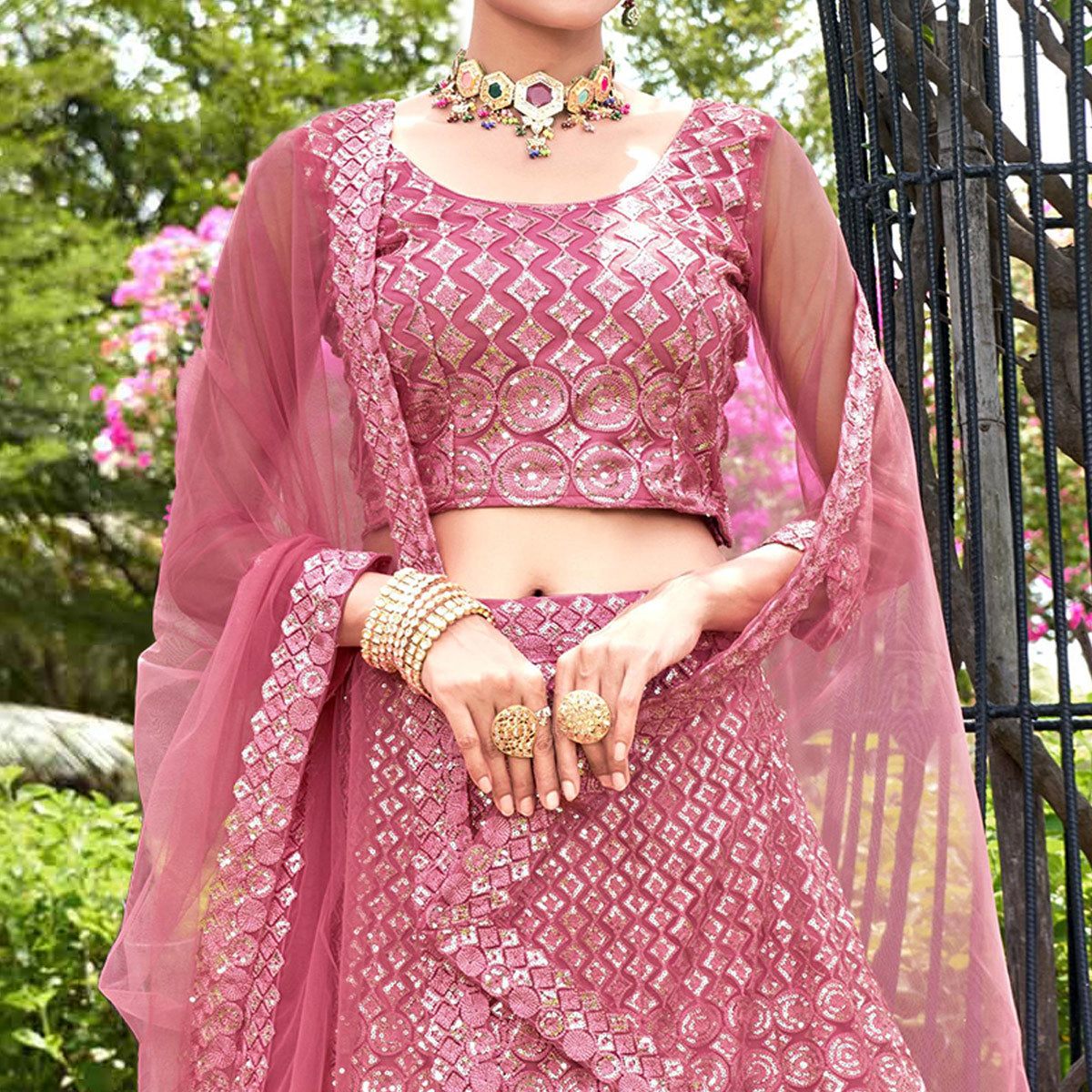 Pink Sequins Embroidered Net Lehenga Choli