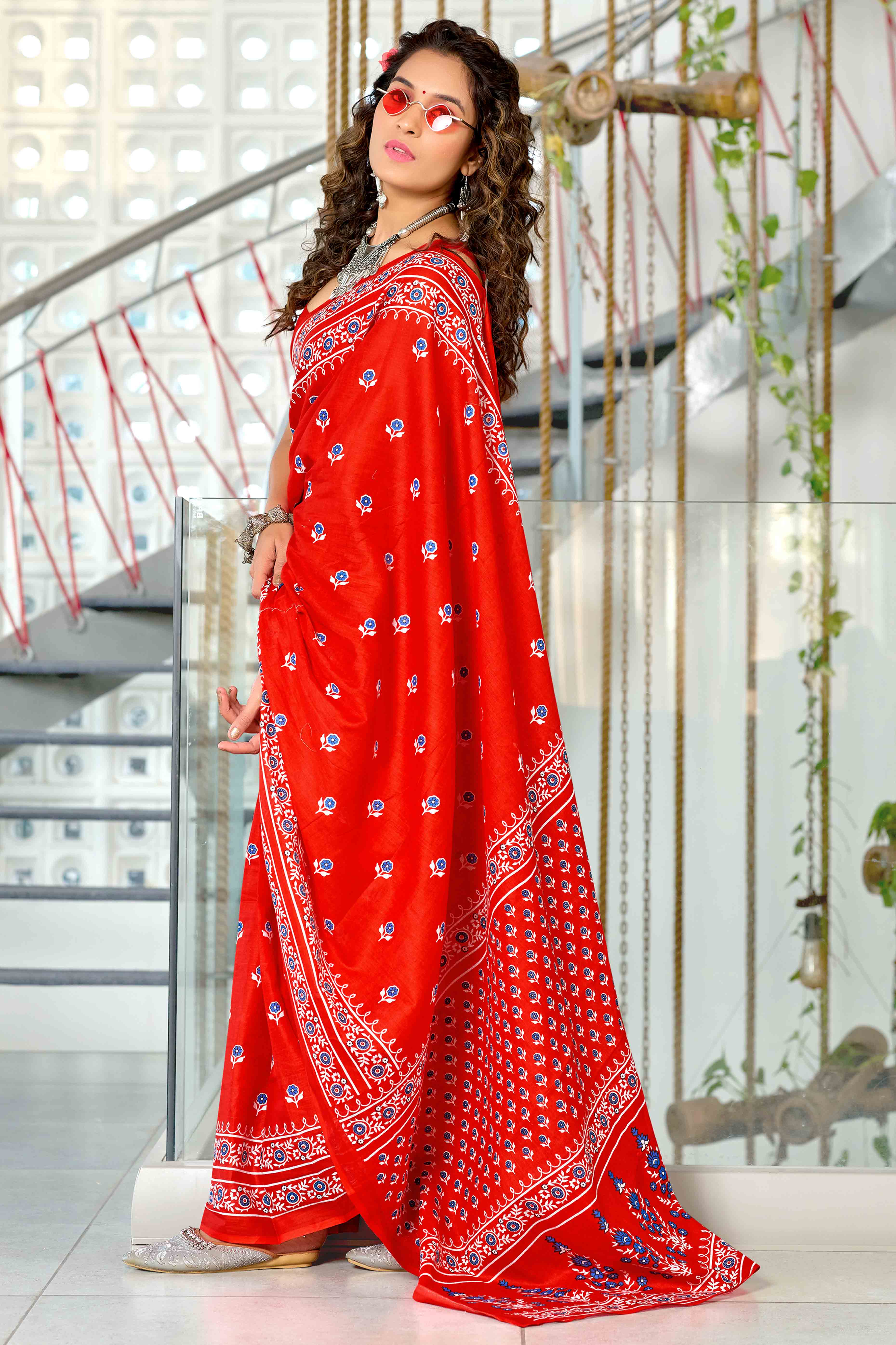 Bold Red Soft Cotton Saree with Delicate Floral Prints