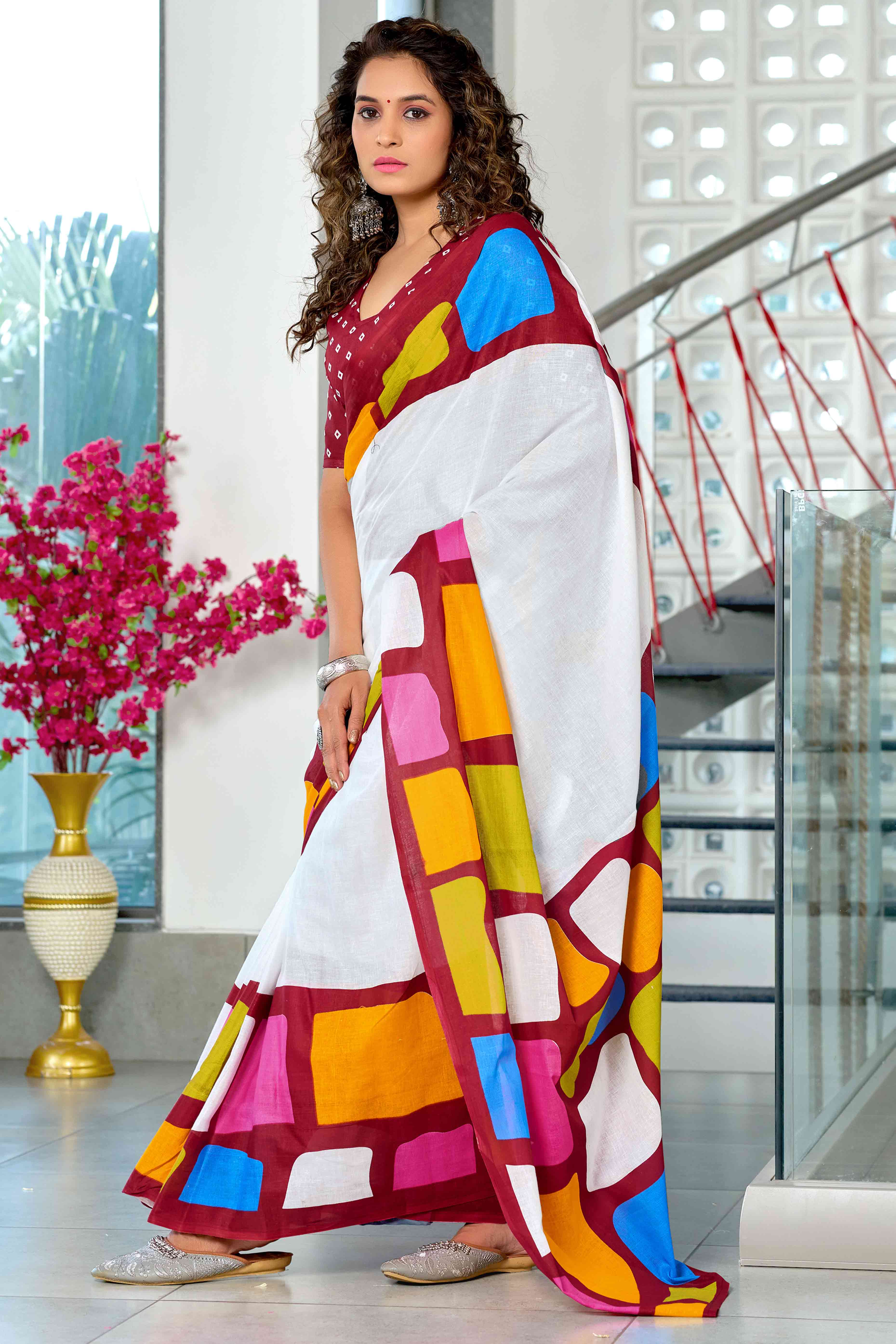 White Pure Cotton Saree with Traditional Bagru Block Print