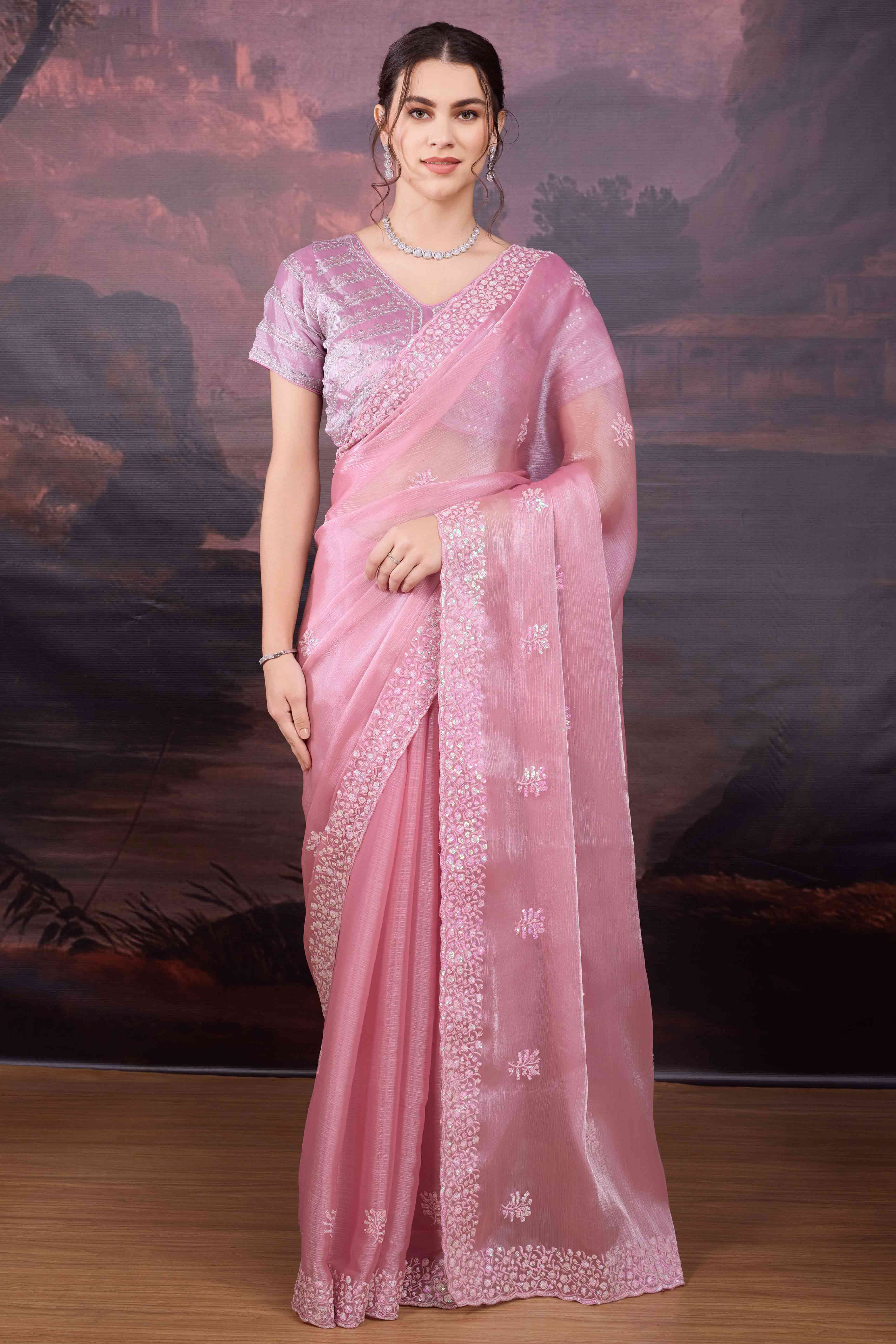 Baby Pink Organza Saree Enhanced with Elegant Sequins Embellishments