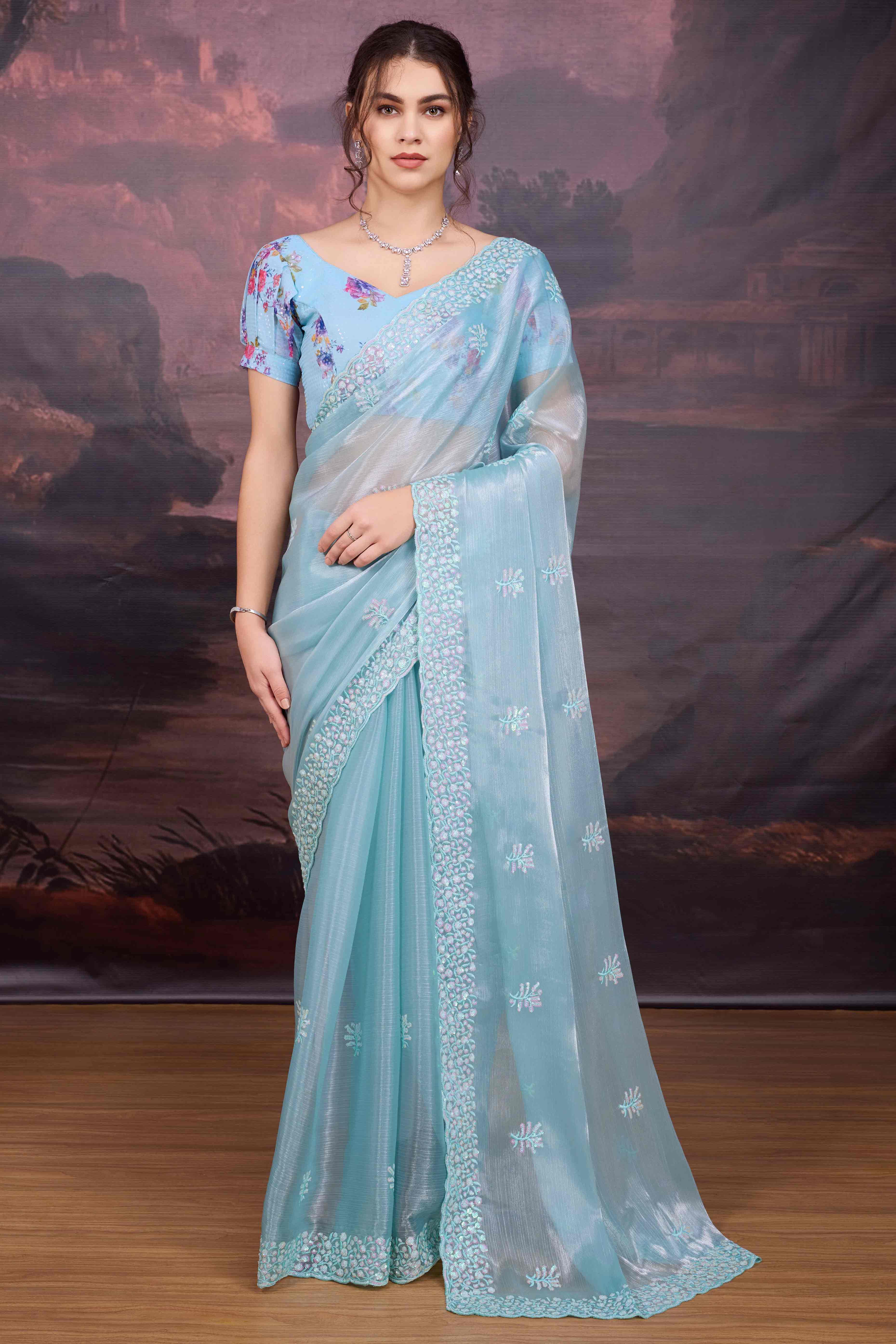 Sky Blue Organza Saree Enhanced with Elegant Sequins Embellishments