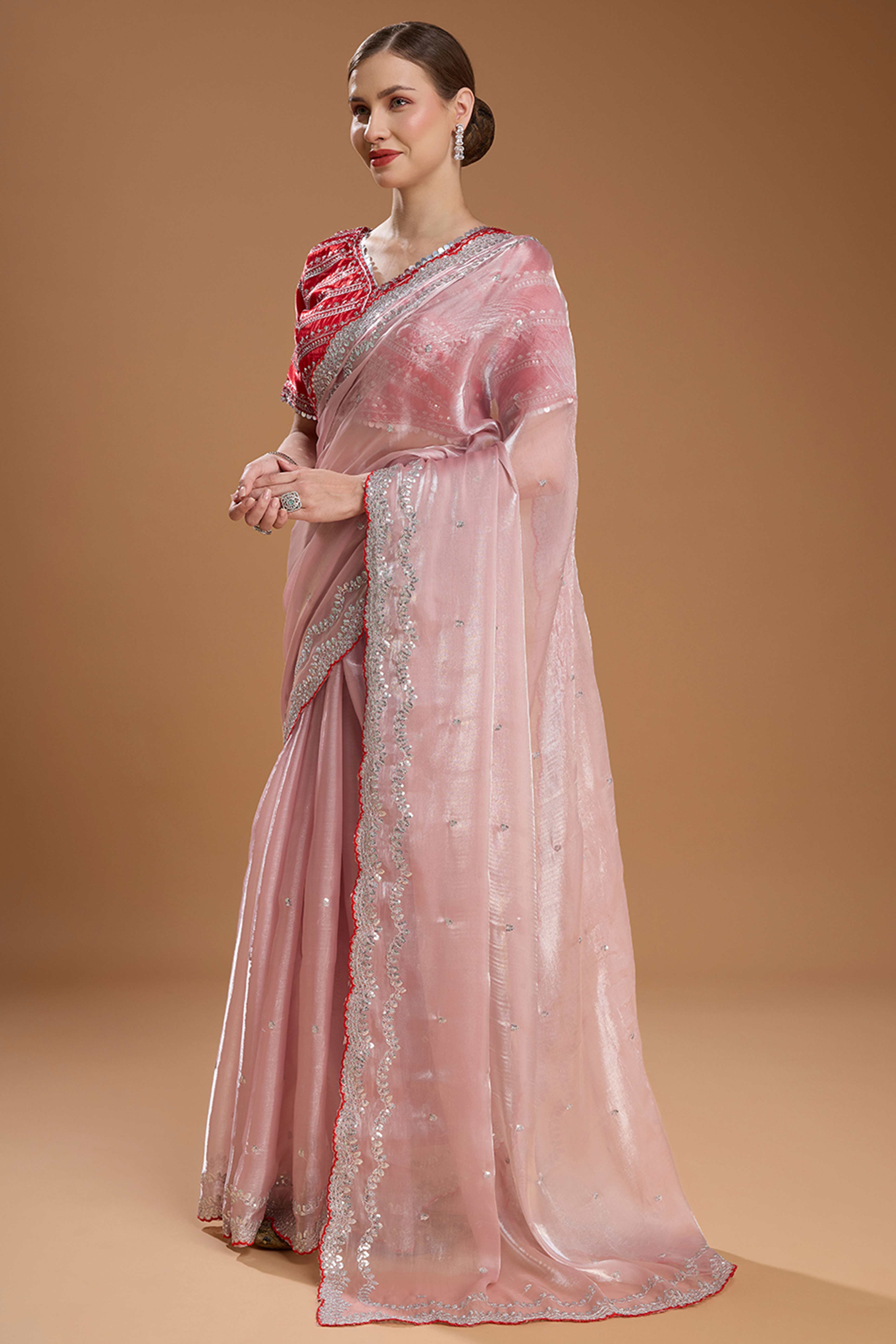 Light Peach Embroidered Saree in Organza with Sequins Accents