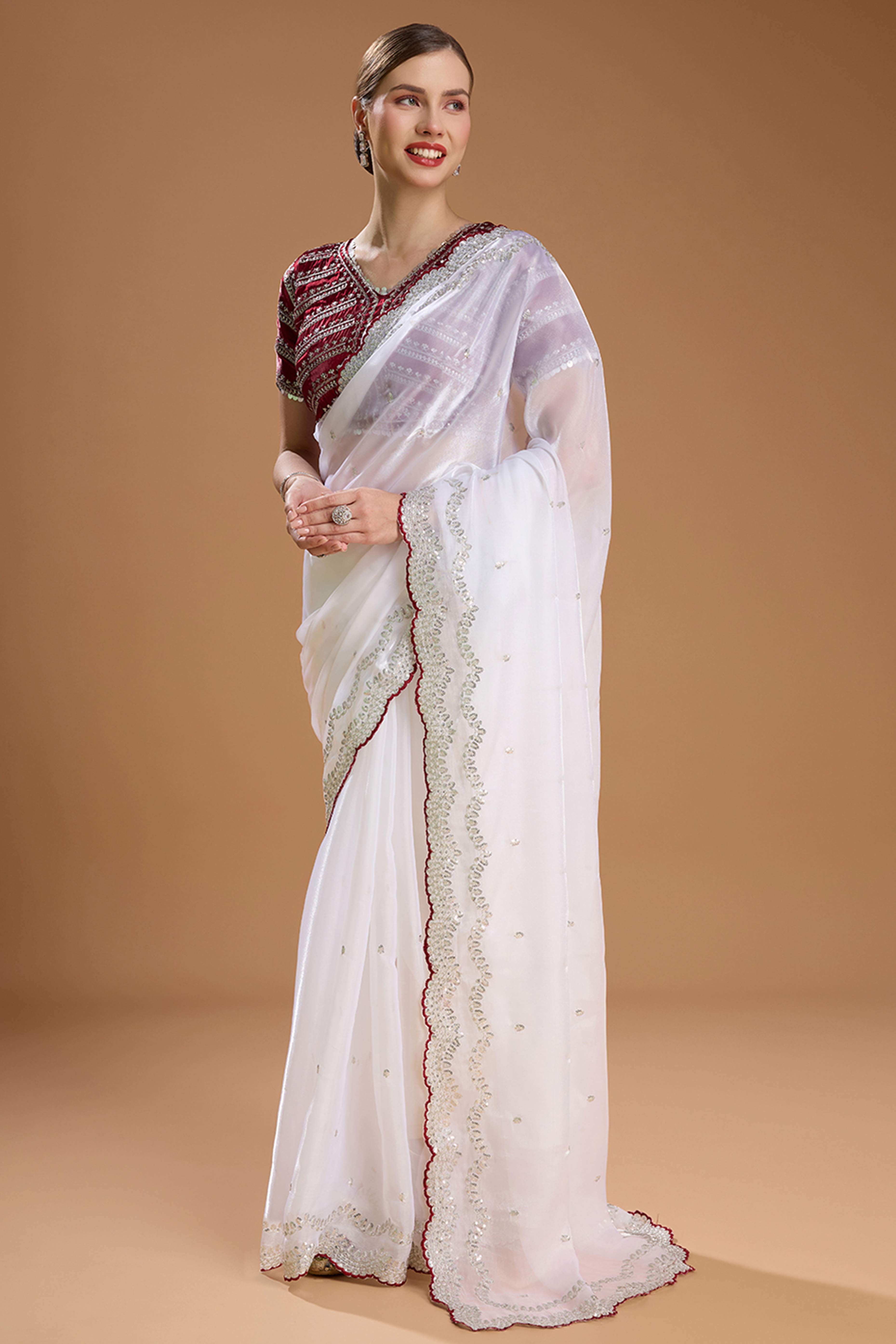 White Embroidered Saree in Organza with Sequins Accents