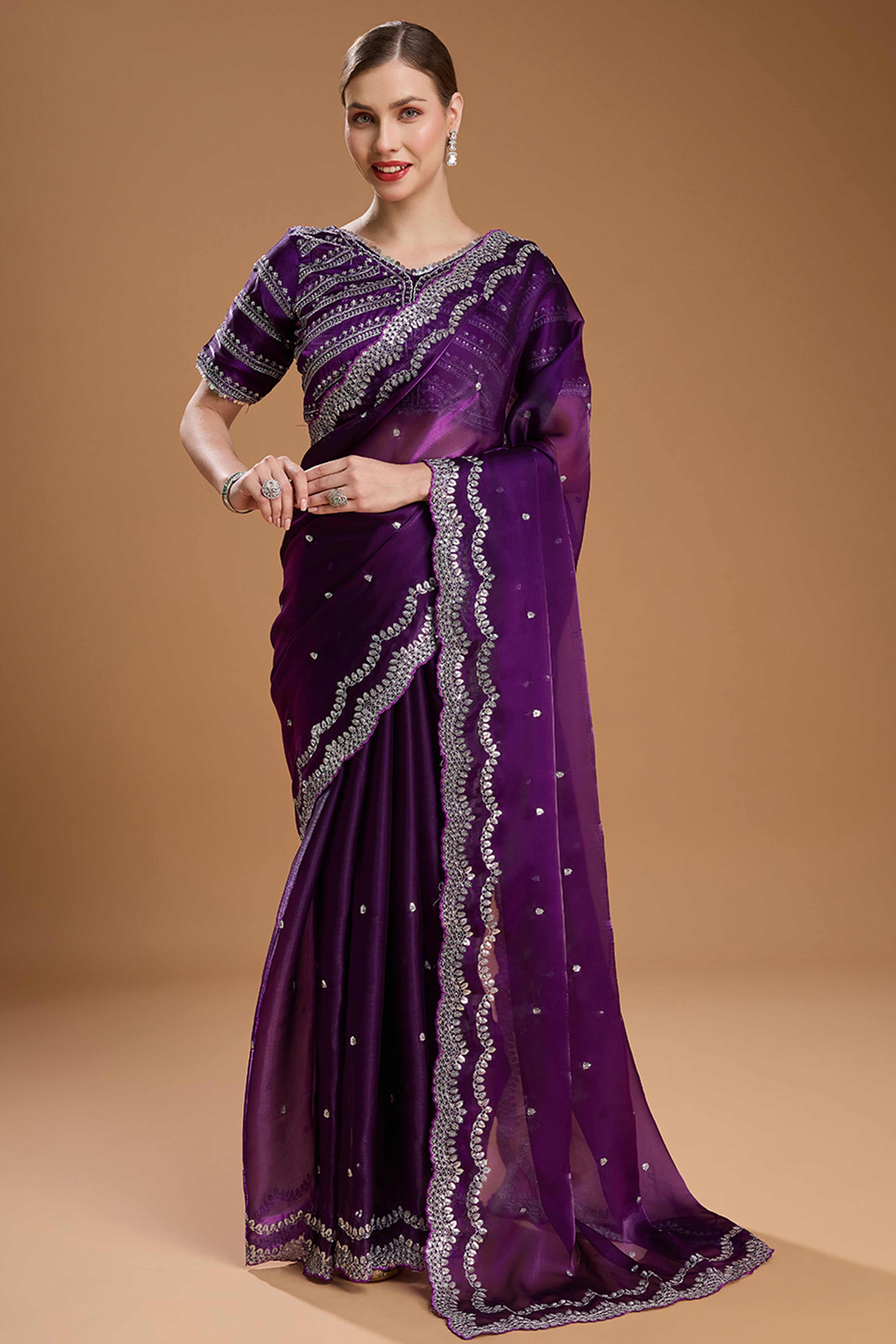 Dark Purple Embroidered Saree in Organza with Sequins Accents