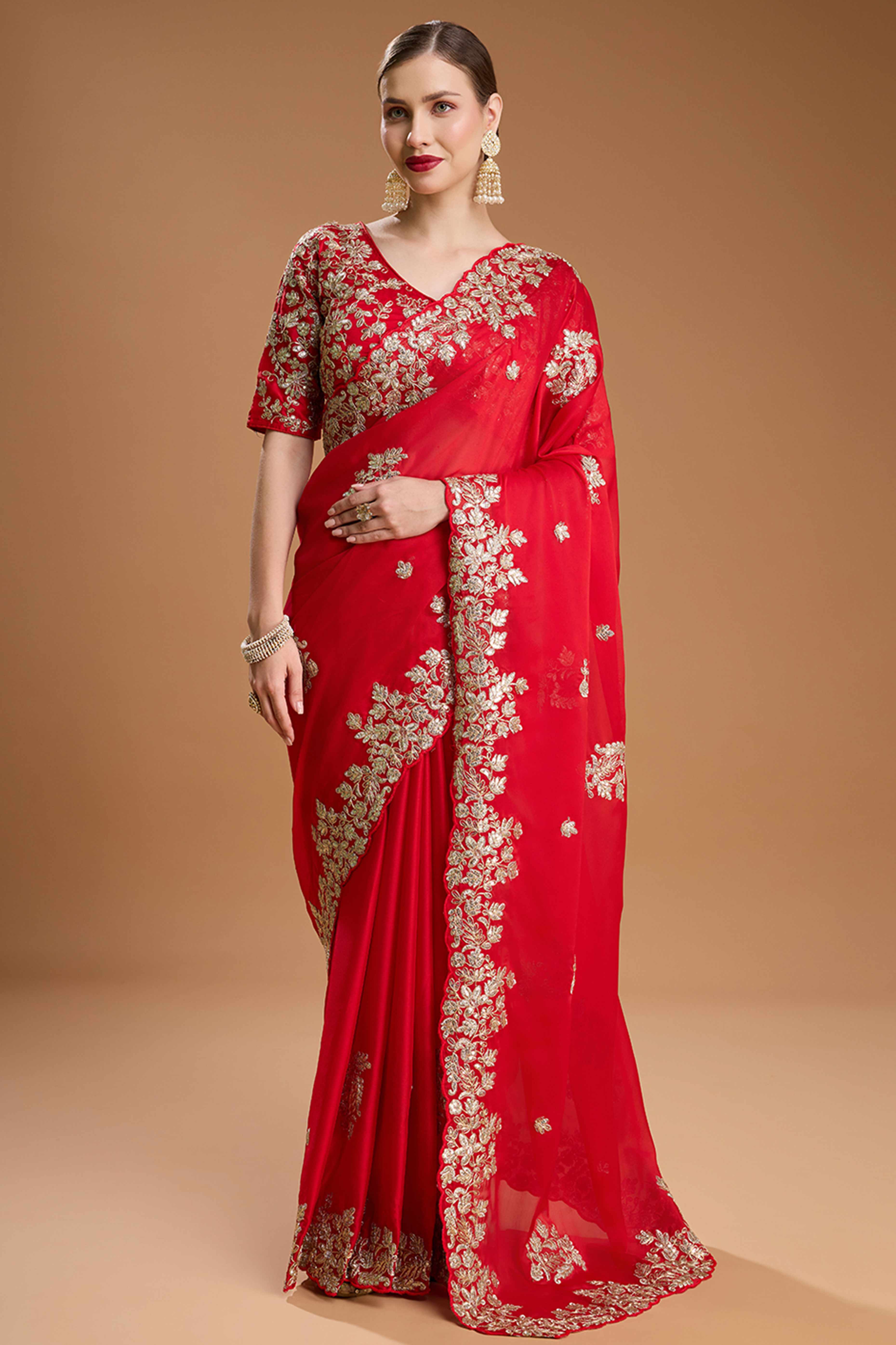 Red Organza Saree Enhanced with Elegant Sequins Embellishments