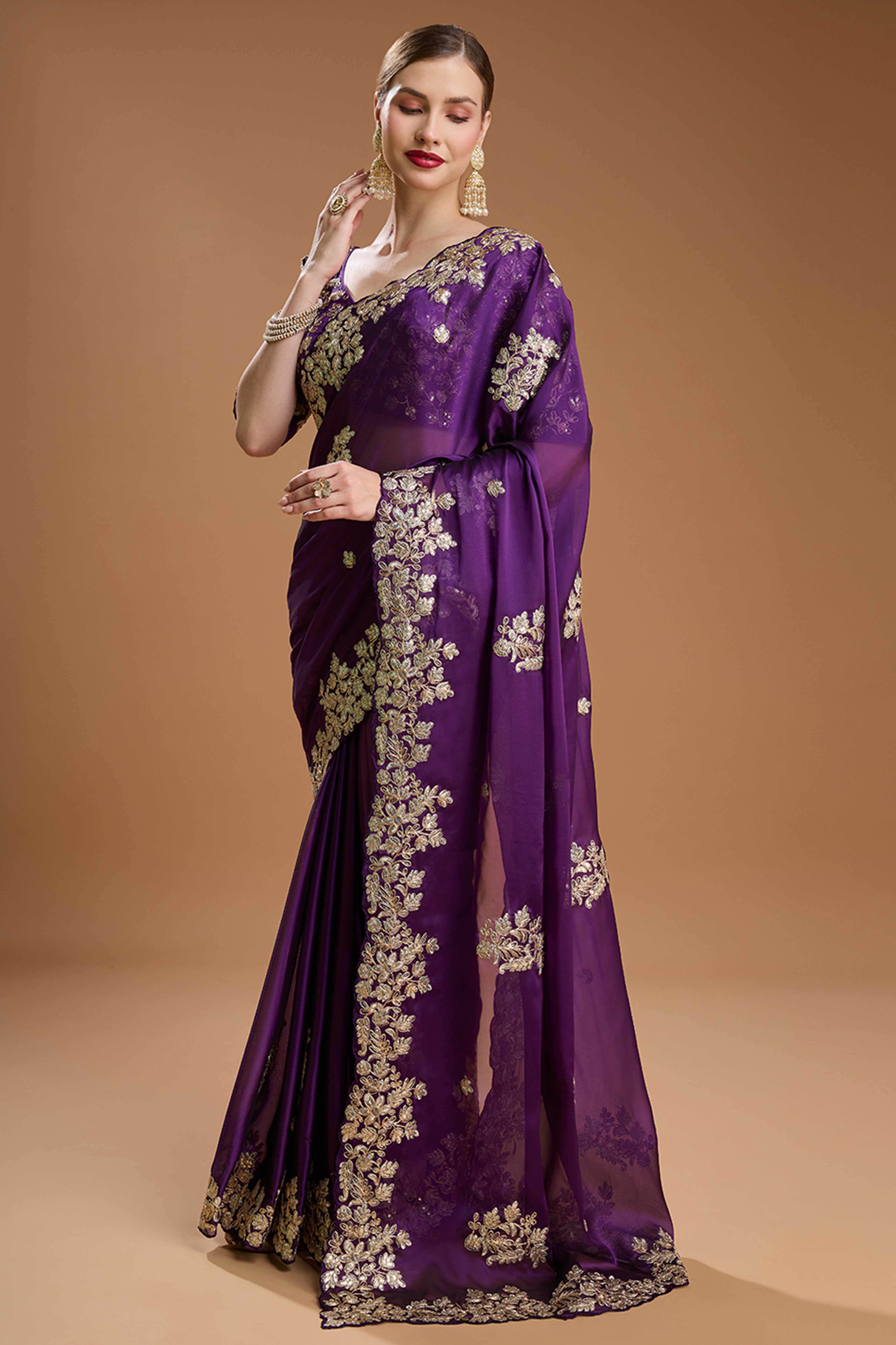Dark Purple Organza Saree Enhanced with Elegant Sequins Embellishments