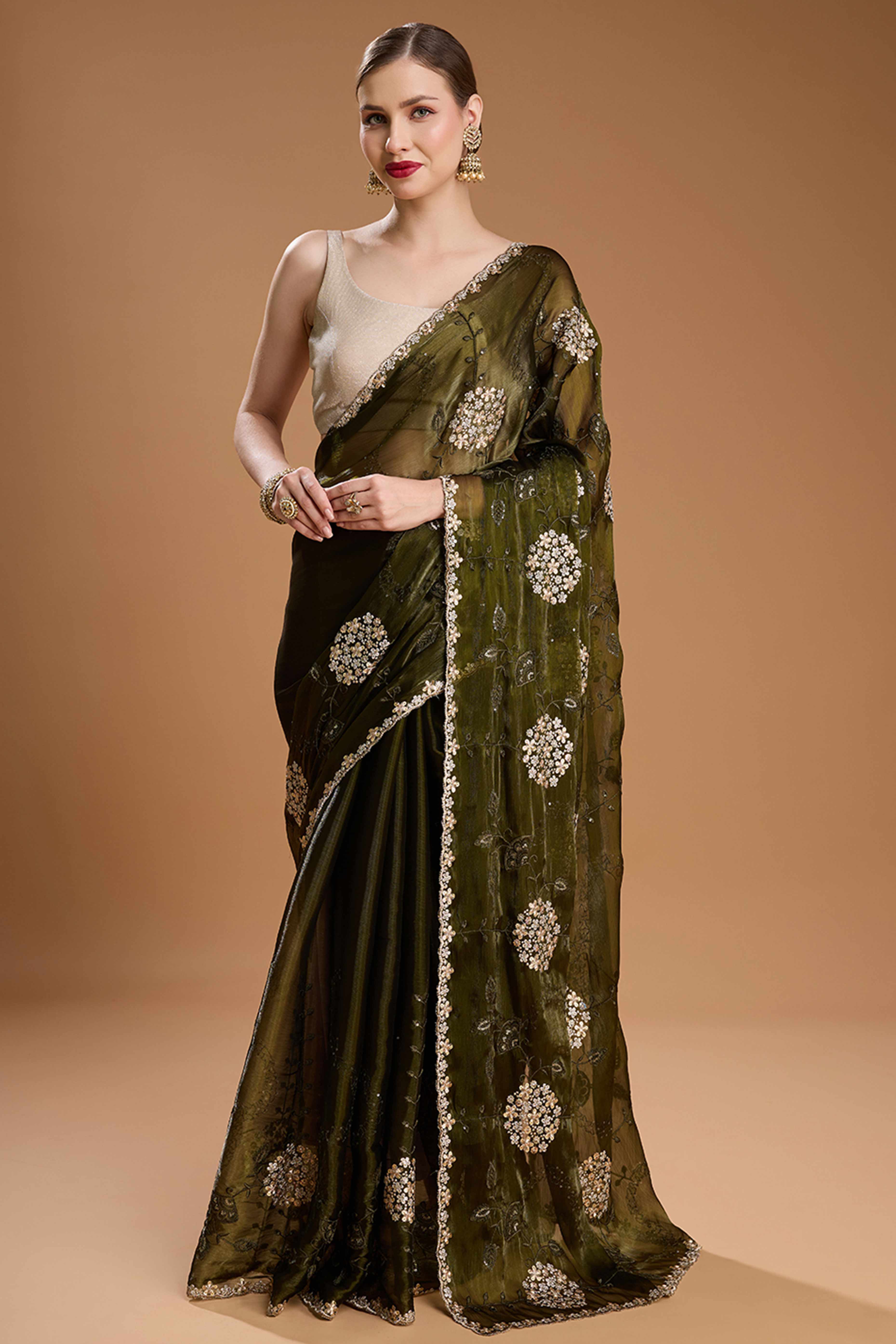 Mehandi Green Floral Design Organza Saree with Glittering Sequins Embroidery