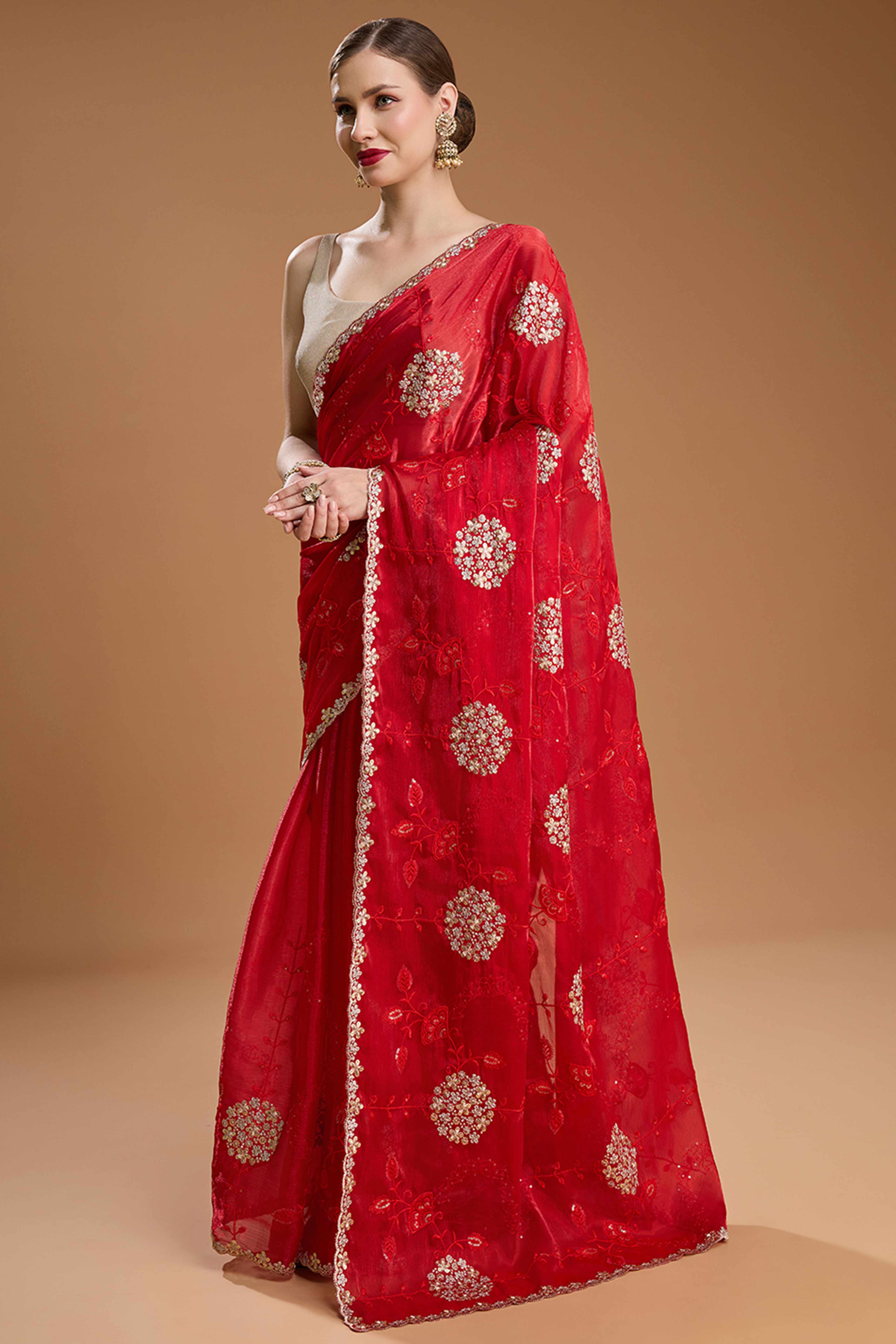 Red Floral Design Organza Saree with Glittering Sequins Embroidery
