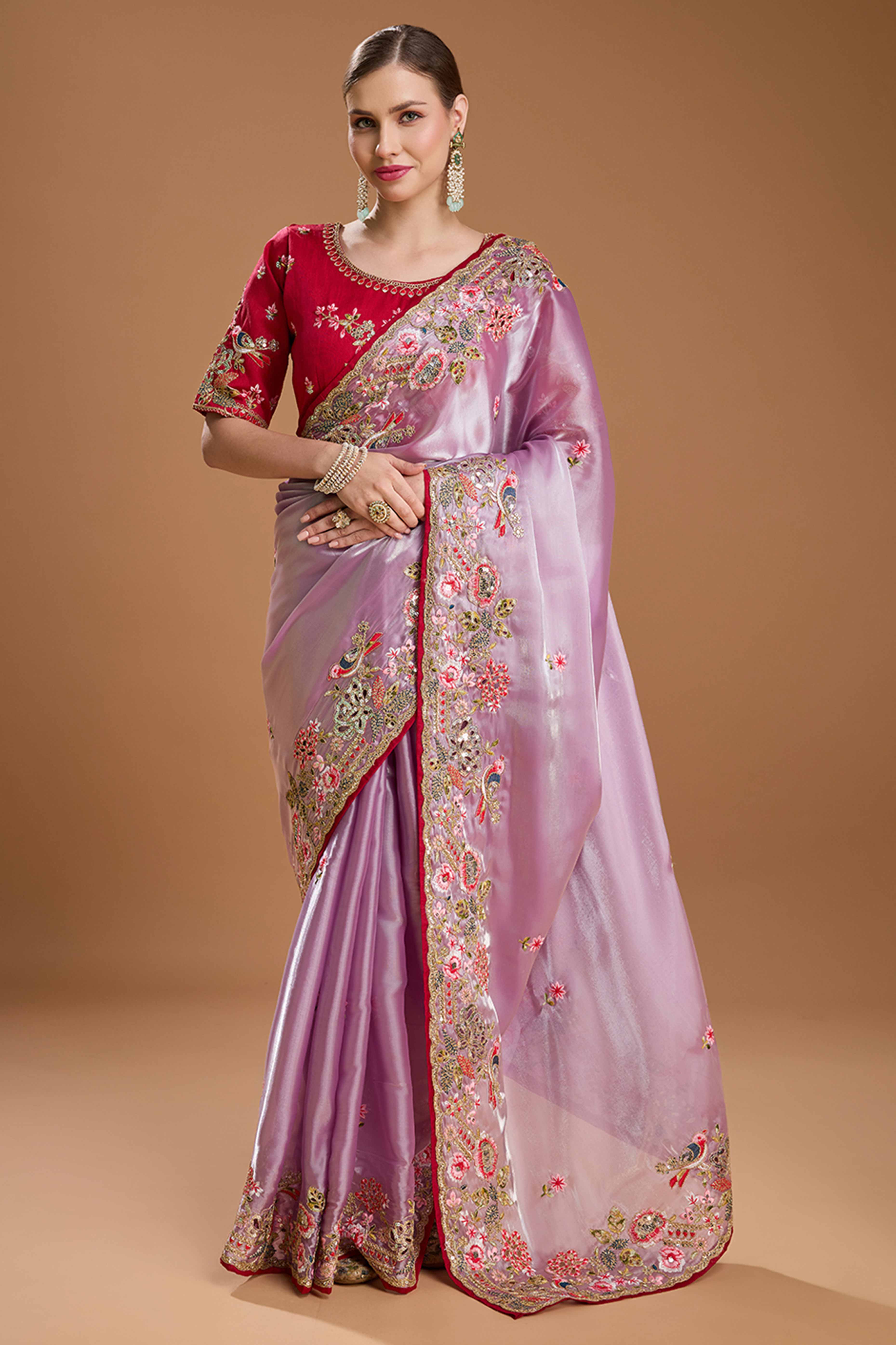 Light Purple Floral Design Organza Saree with Glittering Sequins Embroidery