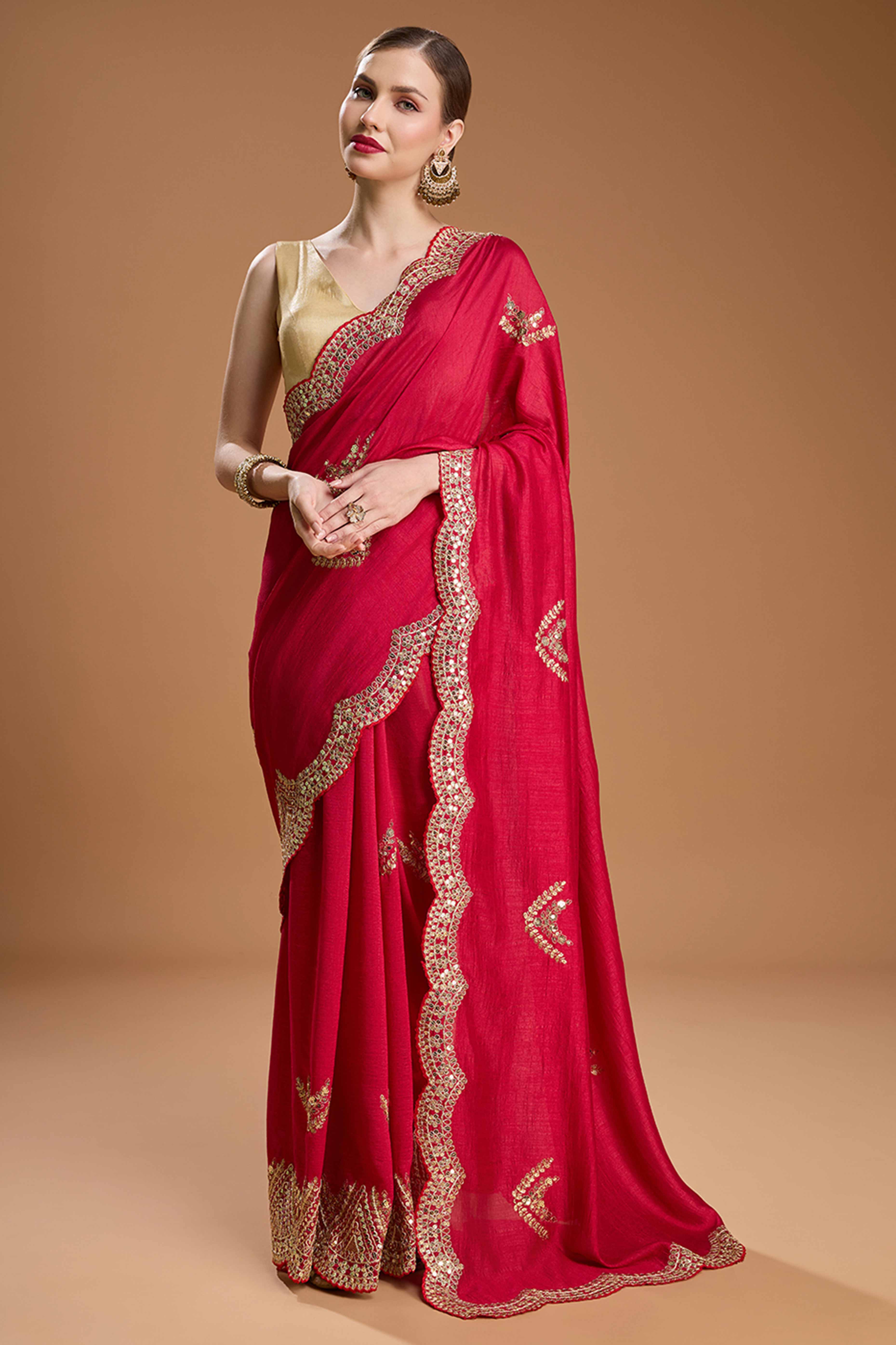 Cherry Red Embroidered Saree in Chiffon with Sequins Accents