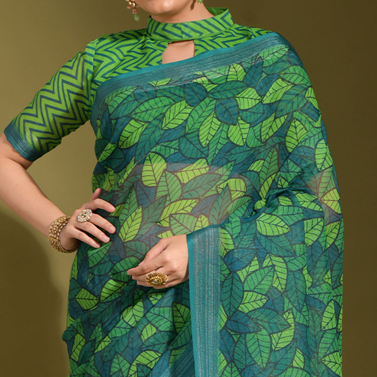 Green Digital Printed Linen Saree With Tassels