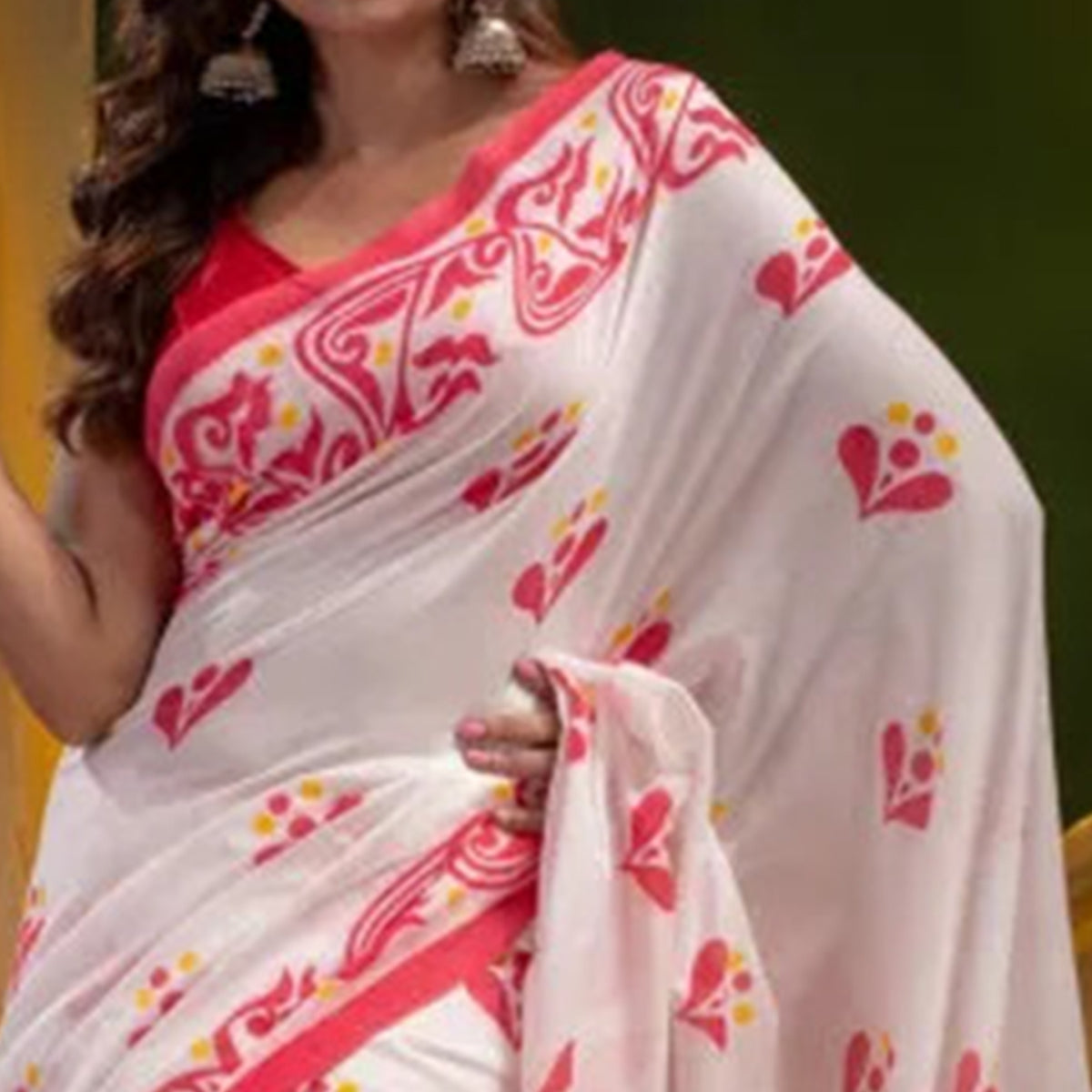 White Digital Printed Linen Saree With Tassels