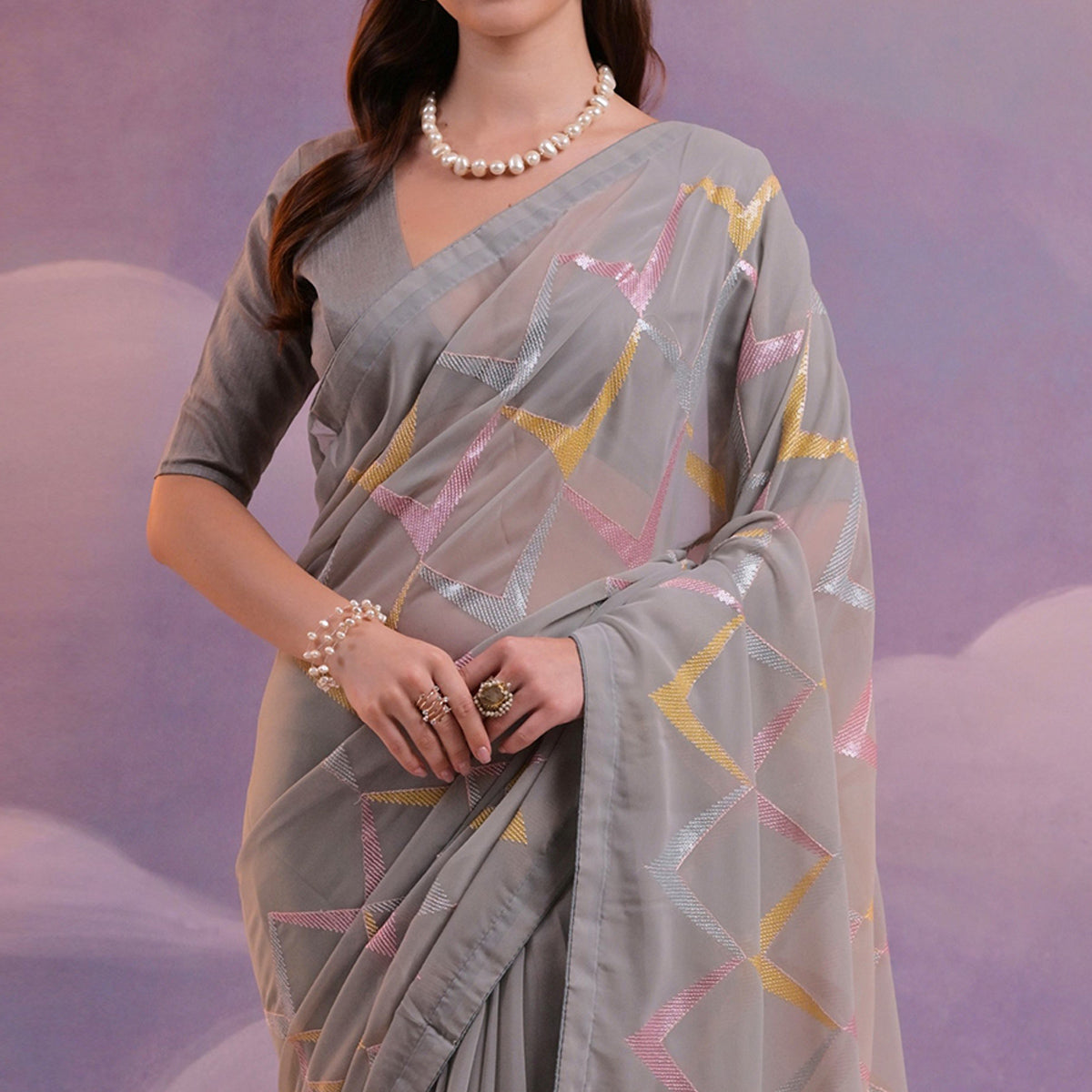 Grey Sequins Embroidered Georgette Saree