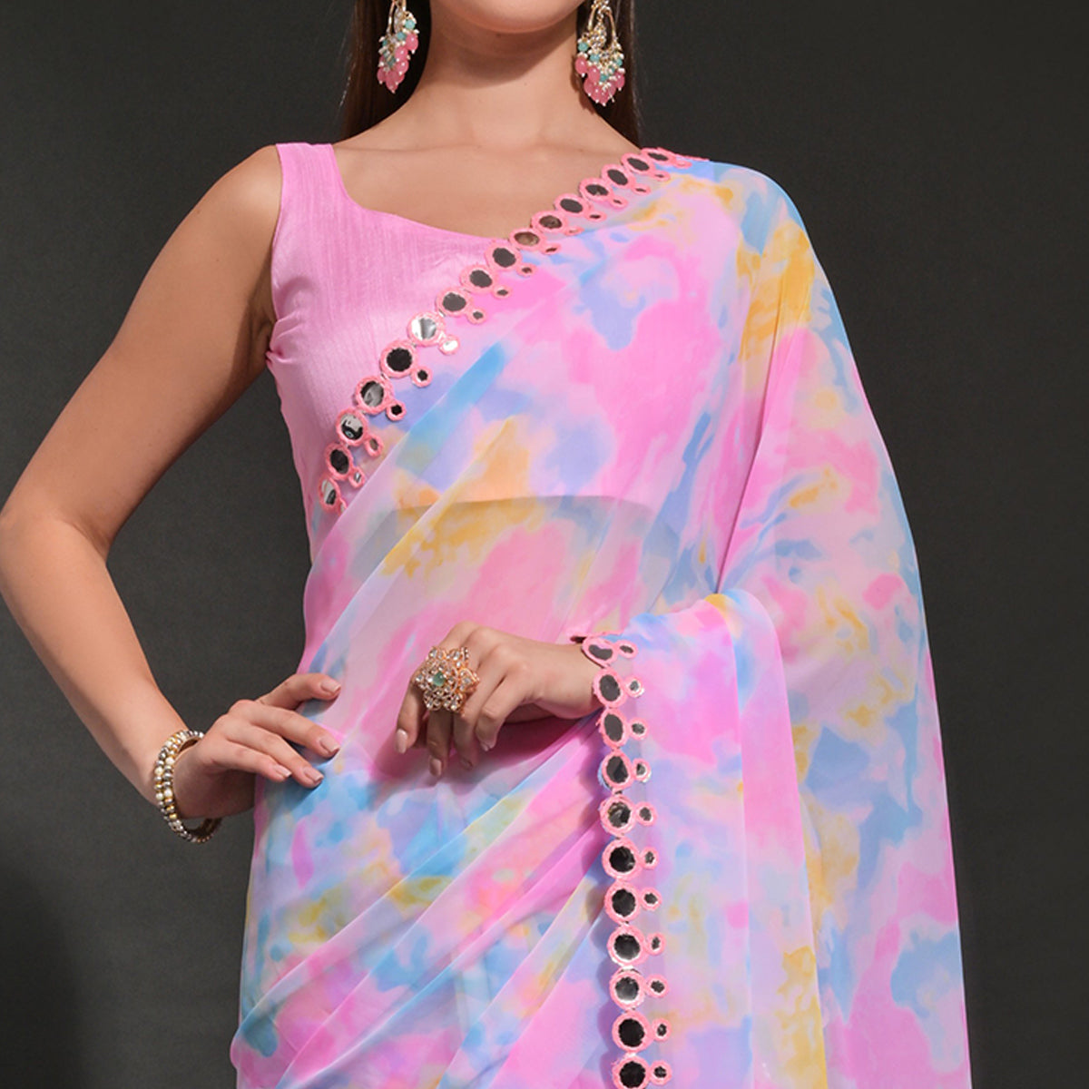 Pink Printed Georgette Saree With Embroidered Saree