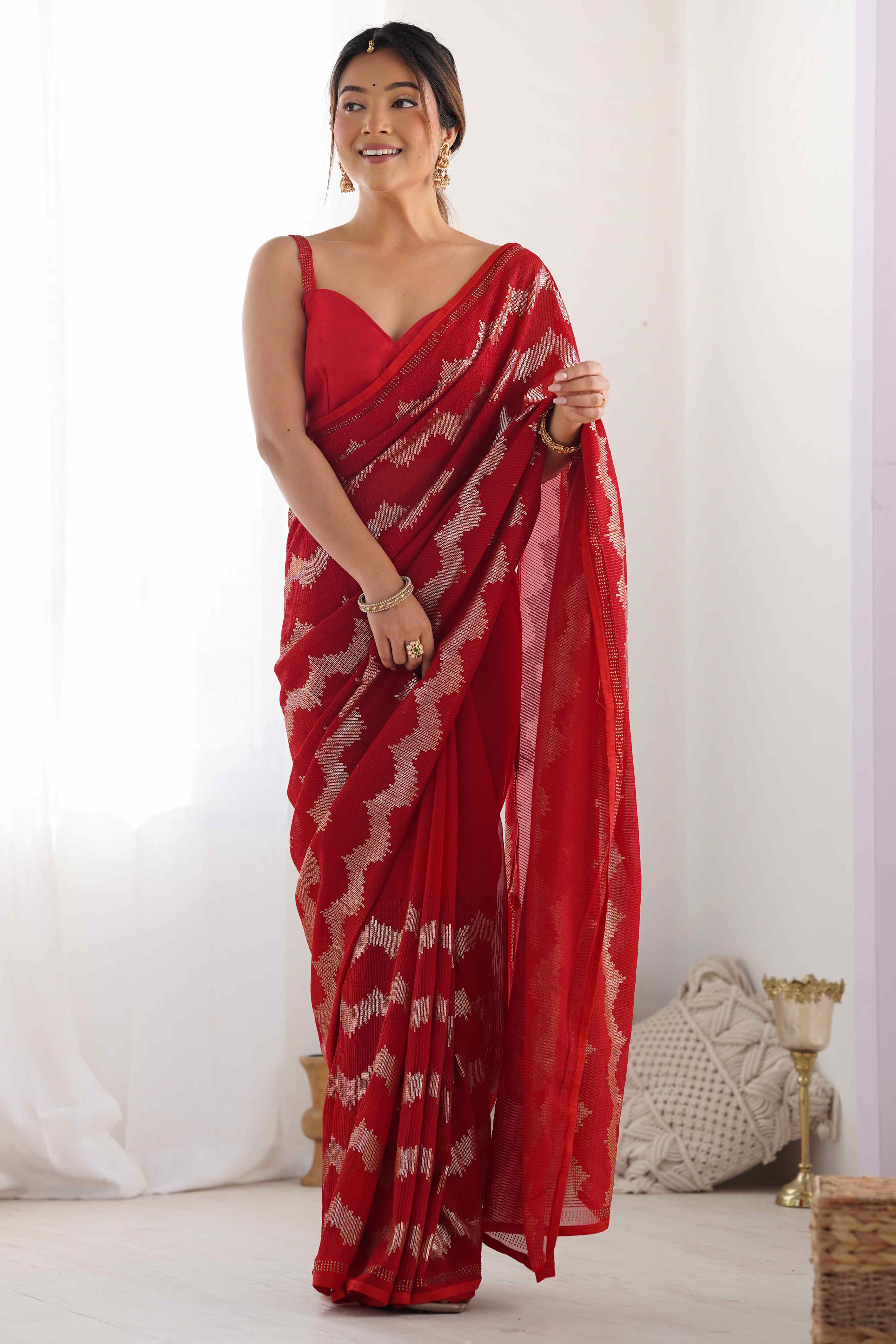 Red Sequins Embroidered Georgette Saree